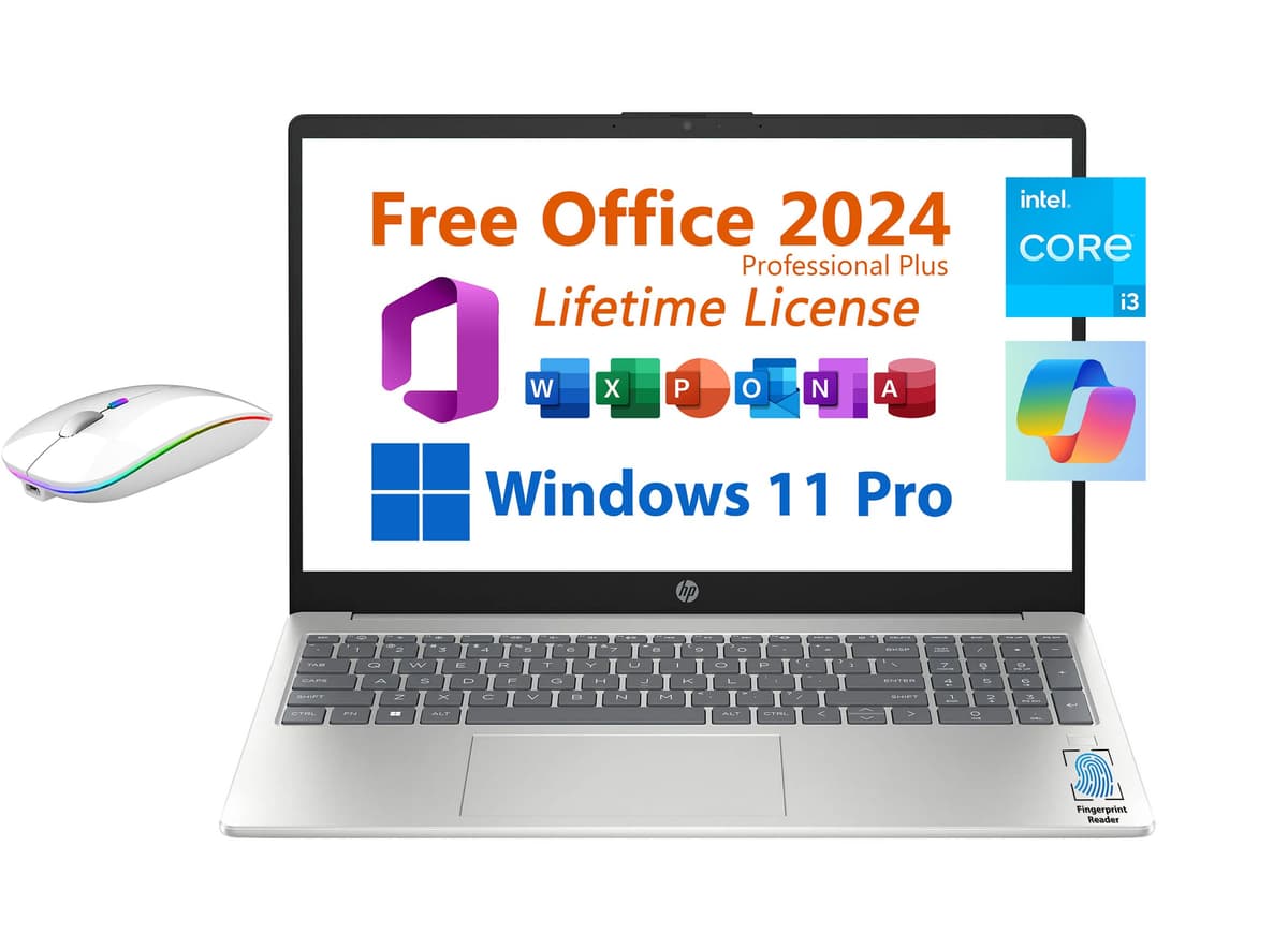 HP laptop empresarial y para estudiantes de 15.6", licencia vitalicia gratuita de Microsoft Office 2024, Copilot AI Chat, FHD sin táctil, Intel i3-N305 de 8 núcleos 3.8 GHz, 16 GB RAM, SSD de 2 TB, larga duración de batería, Windows 11 Pro 15-FD0132DX