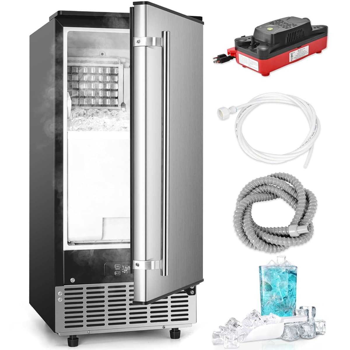ICYGLEE Máquina de Hielo Bajo Mostrador 100lbs/24h, Bomba de Drenaje, Almacén 24lbs, Auto-Limpieza, Timer, Acero IM-08X