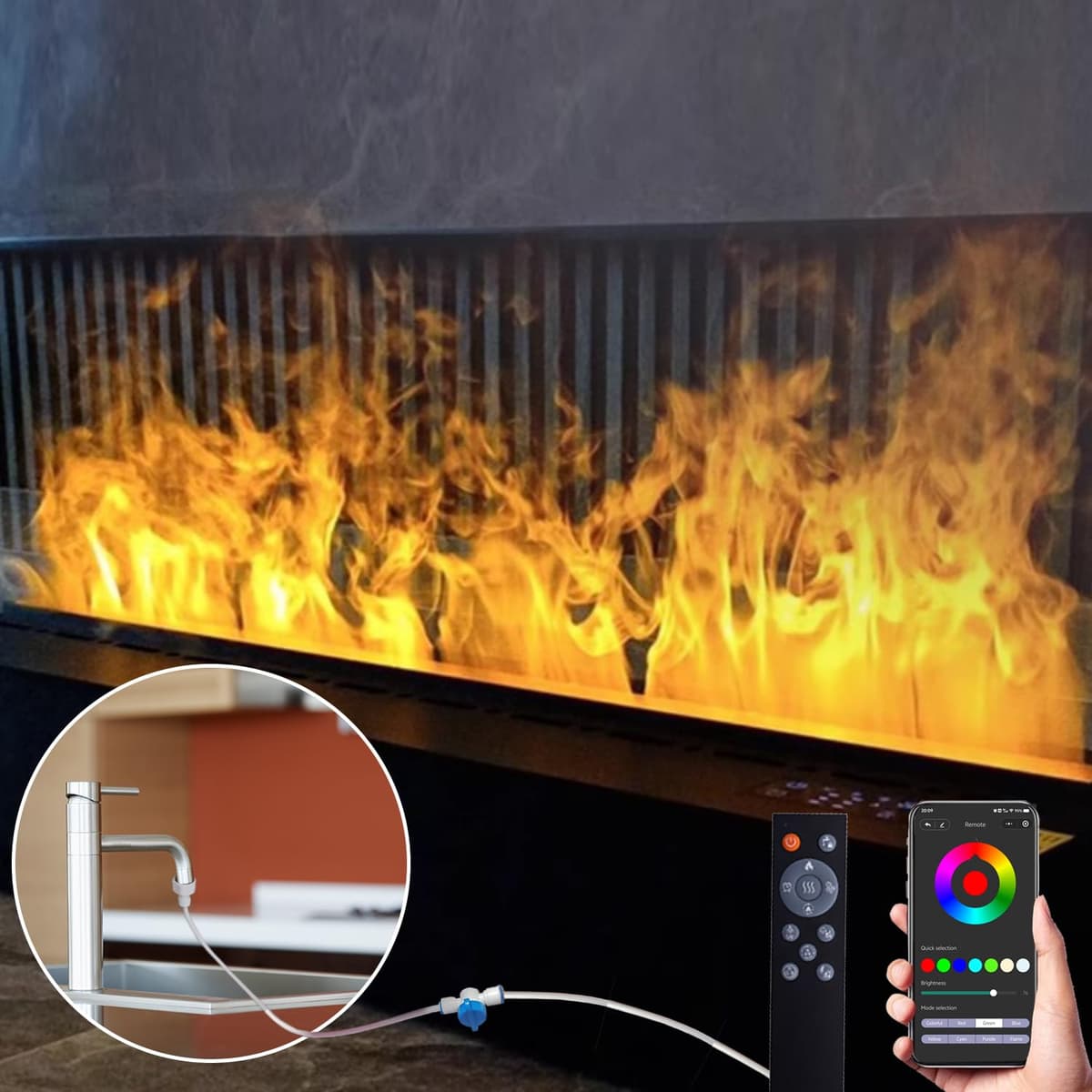 Lgghdm Chimenea eléctrica 39.37" 3D atomizadora con conexión directa de agua, control remoto, temporizador y ajuste de llamas