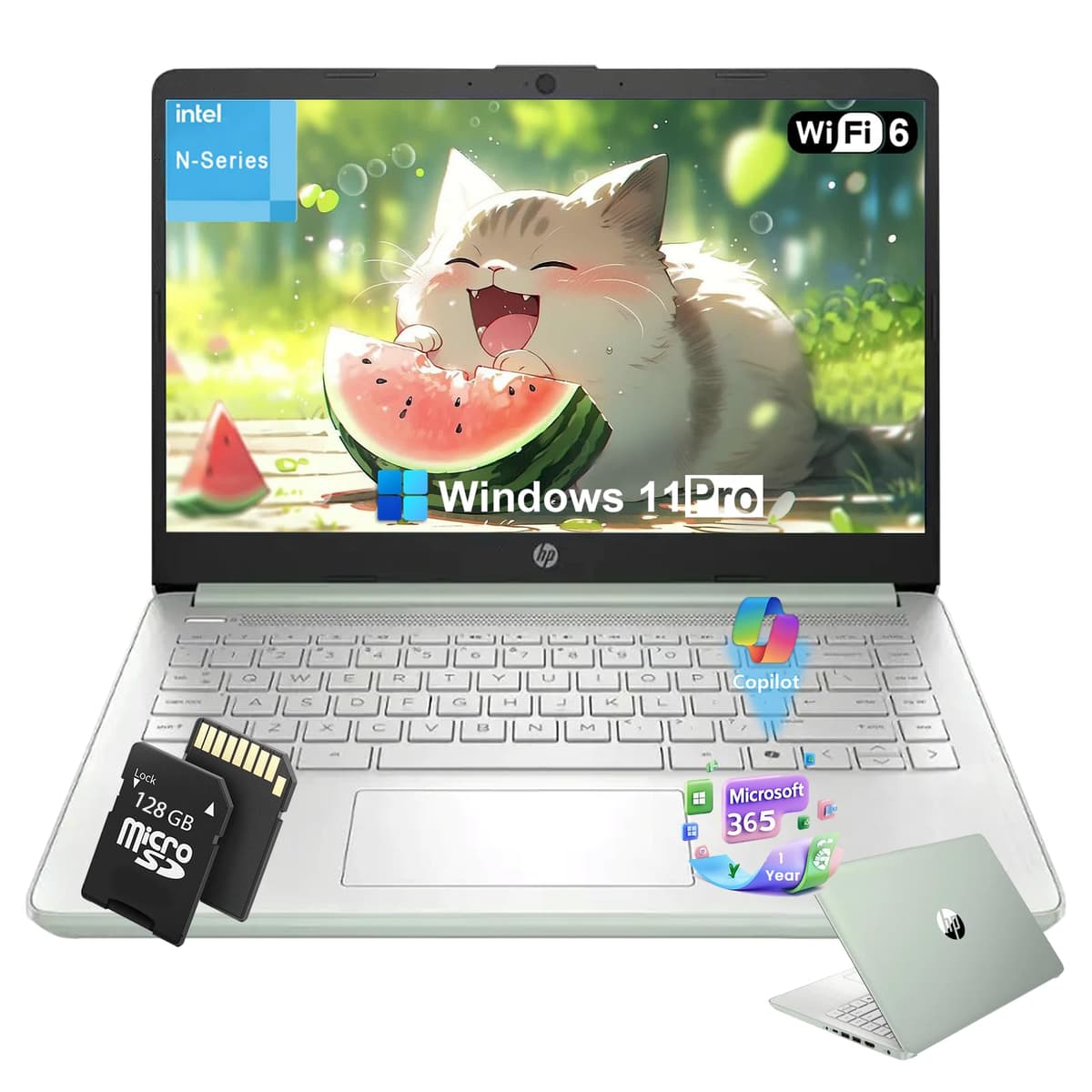 Portátil HP de 14 pulgadas para Estudiantes y Empresas - Procesador Intel de 4 núcleos, 16 GB RAM, 128 GB UFS y 128 GB tarjeta SD, Copiloto de IA, 1 año Office 365, Windows 11 Pro, Todo el día (Verde) N-Series