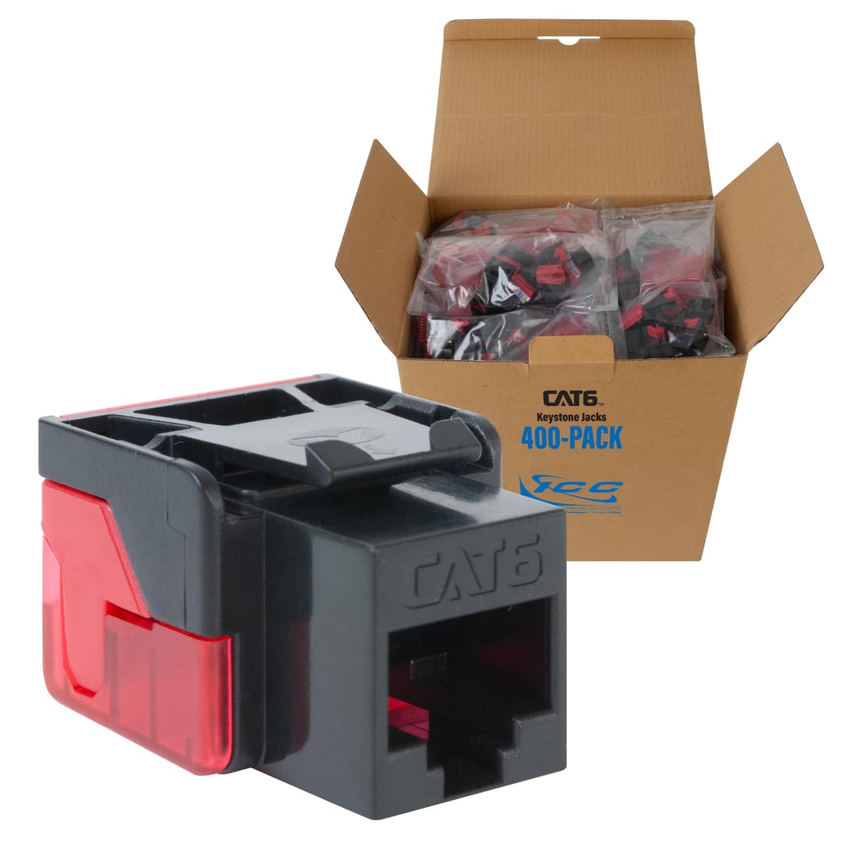ICC CAT6 Keystone Jack EZ Inline IDC Sin Splits PoE++ TAA Black 400 Pack IC107L6RBK