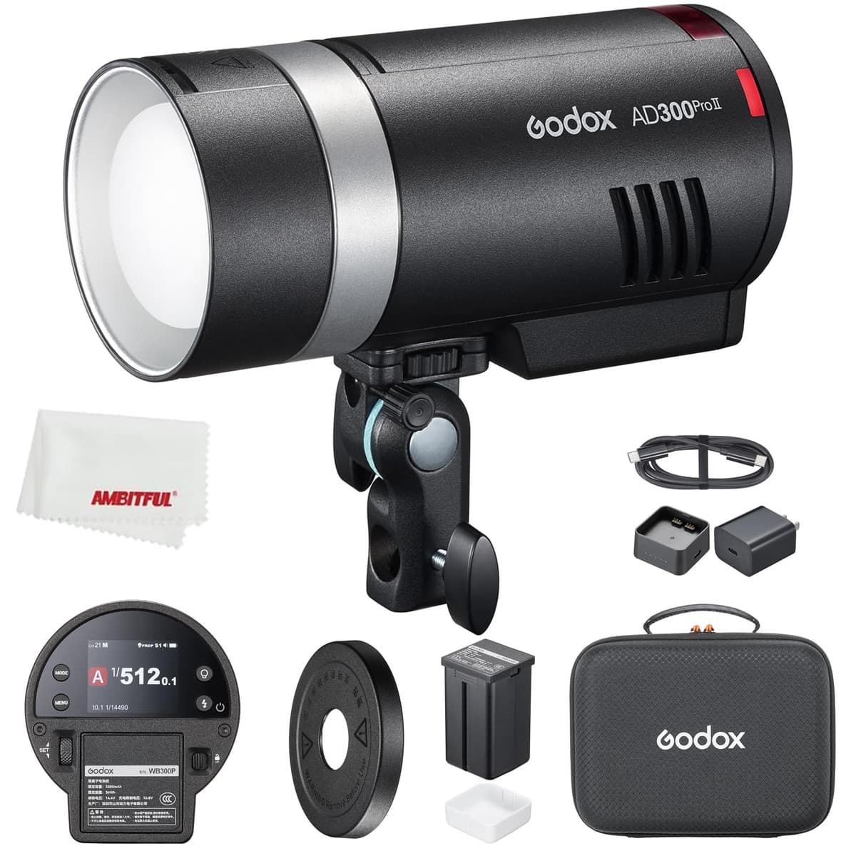 Godox AD300Pro AD300 Pro II AD300ProII 300Ws Flash para exteriores, 12W Bi-Color 2800K-6000K, Sistema inalámbrico 2.4G X, TTL HSS 1/8000s, Tiempo de reciclado 0.01s~1.5s, Potencia 1/1 a 1/512 en 10 pasos (Actualización AD300Pro) Godox-ADPROII-OPENCLOUD