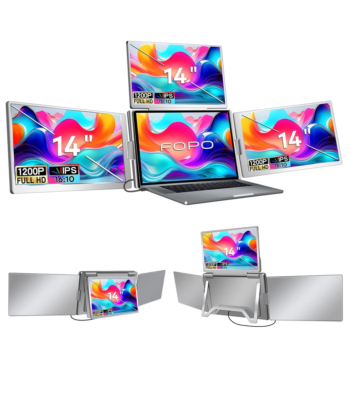 FOPO Extensor de pantalla 14" FHD IPS, Extiende laptop a triple/quad monitor, Compatible Windows y Mac (12"-17.3") S780