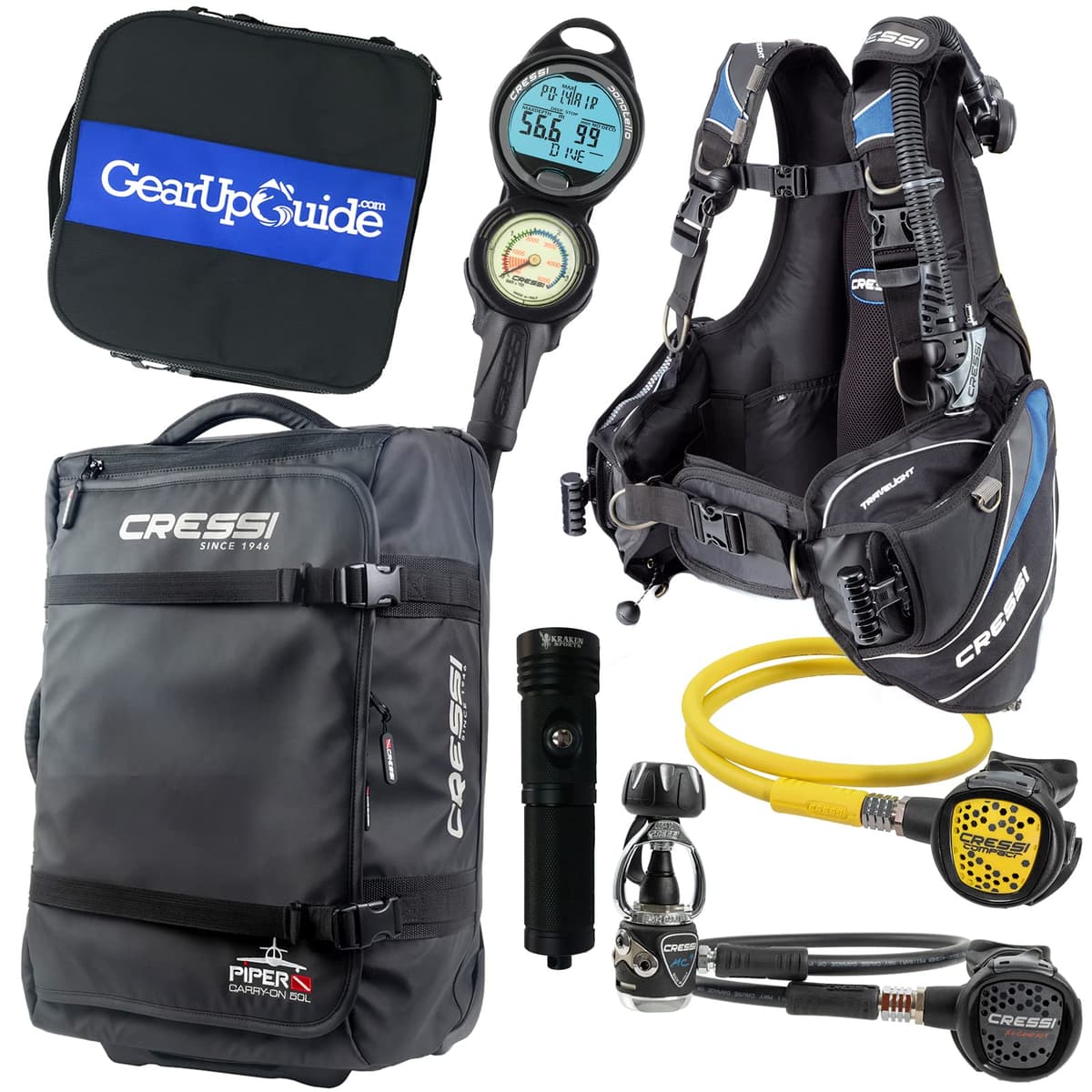 Cressi Travelight Paquete de Buceo 15 lbs con BCD Travelight, Regulador MC9 y Computadora Donatello C2, Azul, Talla Men-M IY745603