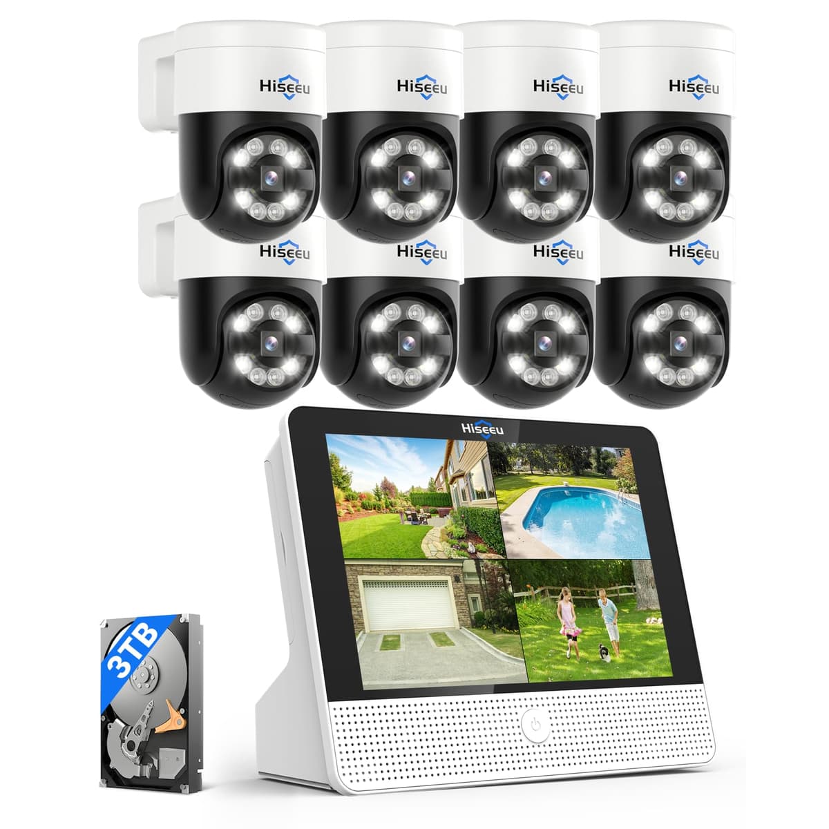 【Seguimiento Humano + Vista 330°】 Sistema de Cámaras de Seguridad PoE Hiseeu 4K, Monitor Todo-en-Uno 12", 8 Cámaras PTZ PoE 5MP para Exterior, Audio Bidireccional, Visión Nocturna a Color, Expandible a 16 Canales PK-12V-8YHD985-CT