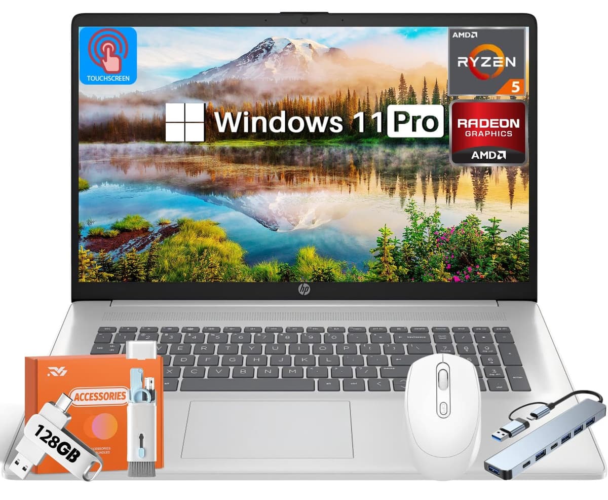Portátil empresarial HP 17.3" táctil (2025), AMD Ryzen 5 7530U de 6 núcleos (mejor que i7, hasta 4.5 GHz), pantalla táctil antirreflejo 17.3" HD+, 16 GB RAM, 512 GB SSD, Wi-Fi 6, cámara web, Windows 11 Pro, con accesorios HP 17.3 Touchscreen Laptop