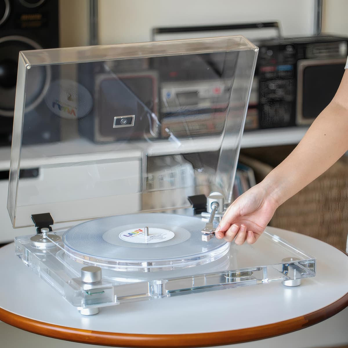 SINJEE X10 Tocadiscos Transparente 2 velocidades con Bluetooth, AT-3600L, Plato de aluminio CNC L5