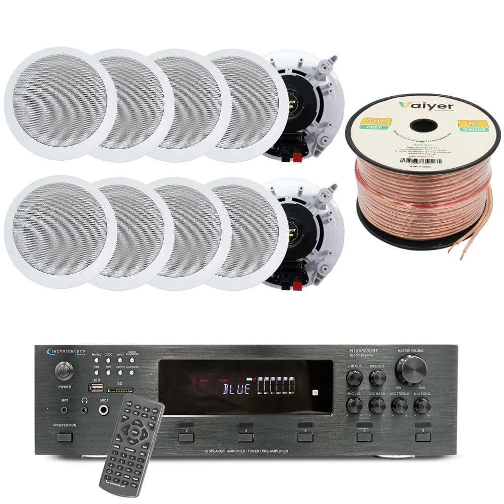 Vaiyer Kit de Home Theater 6 canales 6000W con amplificador Bluetooth y 10 parlantes empotrables 5.25" + cable 16 AWG 500 ft KTH12X59
