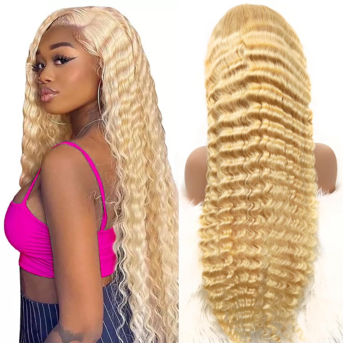 Grcabeir 613 Peluca Lace Front 13x6 42” Blonde Deep Wave 180% densidad preplucked con baby hair