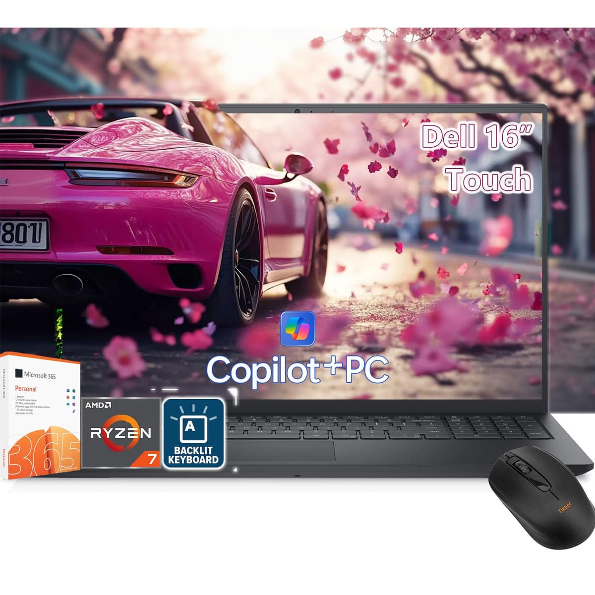 Dell portátil táctil 16" - AMD Ryzen 7 7840HS - 16" FHD+ táctil - 16GB RAM | 1TB SSD - Teclado retroiluminado - Office 365 - Windows 11 Copilot - Laptop para negocios y universidad