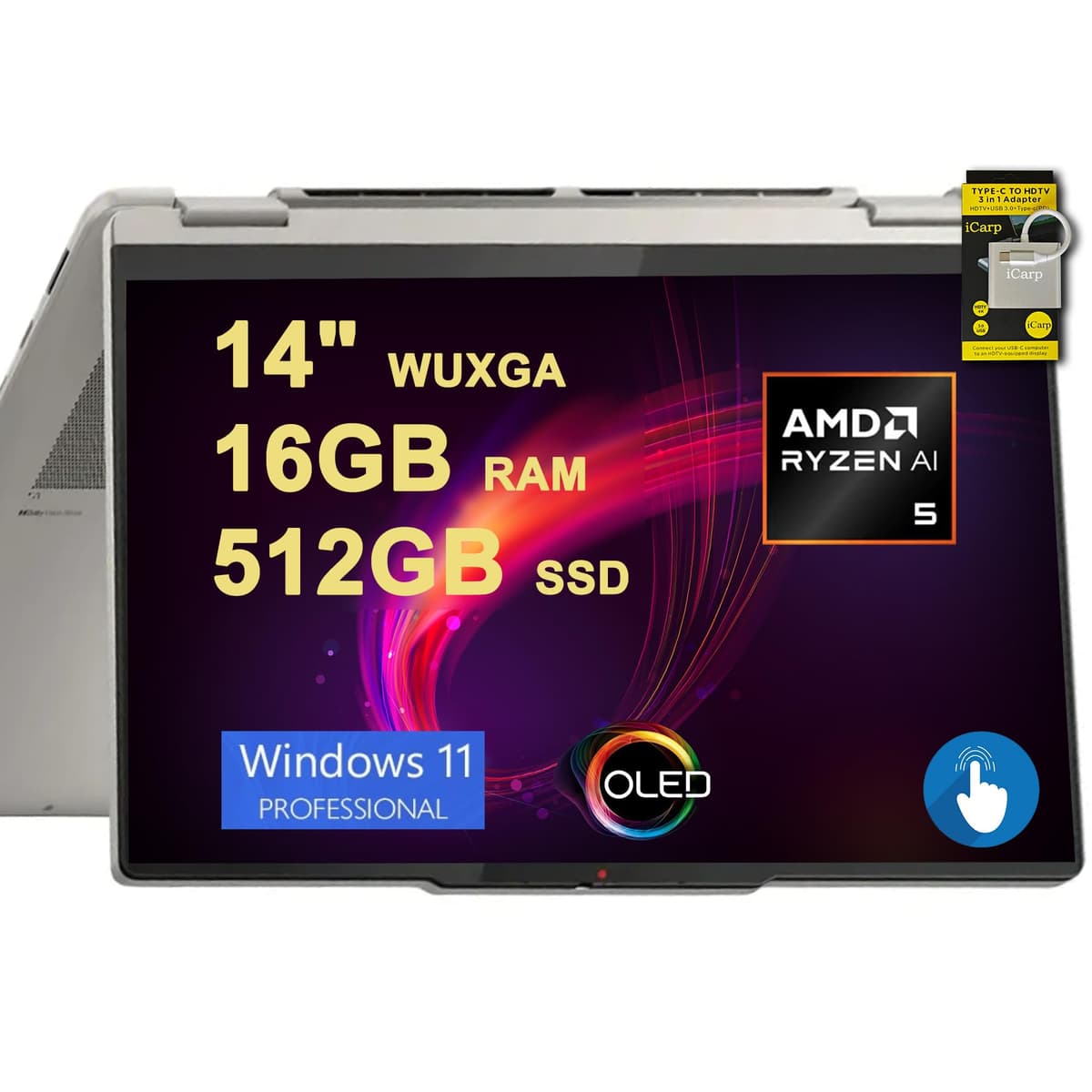 Lenovo Yoga 7 portátil 2 en 1 14" WUXGA OLED táctil (100% DCI-P3,600 nits HDR) AMD Ryzen AI 5 340 de 6 núcleos (hasta 50 TOPS) 16GB DDR5 512GB SSD para creadores y negocios Win11 Pro con Hub ICP y Copilot AI