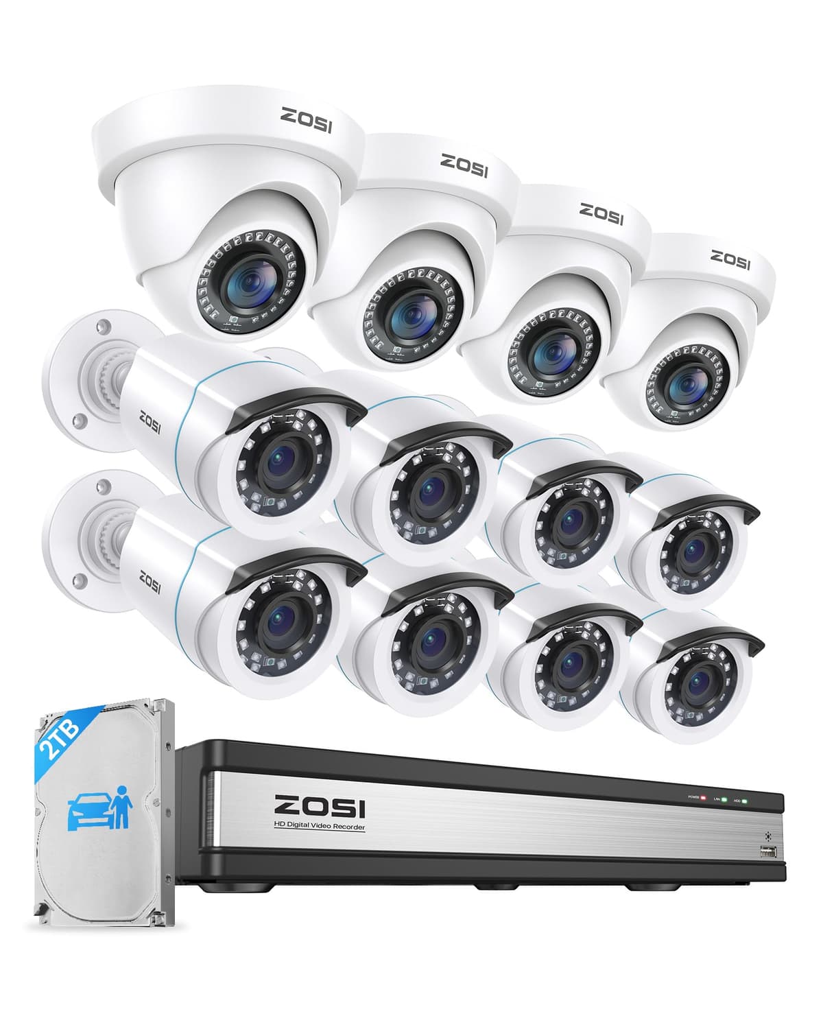 Sistema de cámaras de seguridad ZOSI 1080p de 16 canales para exteriores con detección AI de personas y vehículos, 12 cámaras tipo bala/ceiling domo de vigilancia 2MP resistentes al clima, DVR H.265+, HDD 2TB, visión nocturna 80 ft, ángulo de visión 90° 16FKA-106W8X419W4S-20-US-A1-ANX
