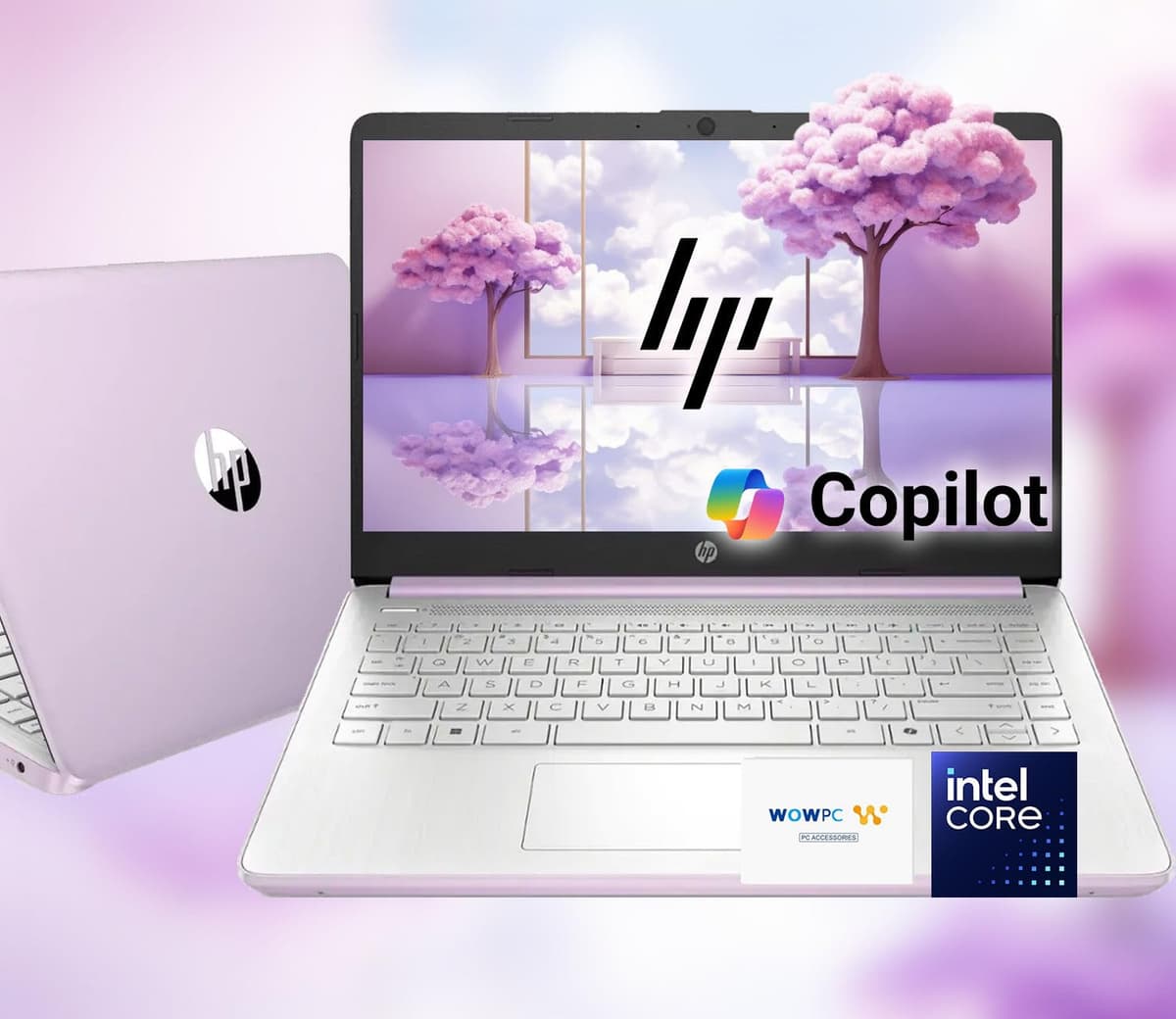 HP 14 Ultrabook • Intel N150 de 4 núcleos • Microsoft 365 • Copilot AI • 32 GB RAM • 1.6 TB de almacenamiento (128 GB SSD + 512 GB portátil + 1 TB OneDrive) • Wi-Fi 6 • Batería 12 h • Lavanda • con paquete WOWPC • Windows 11