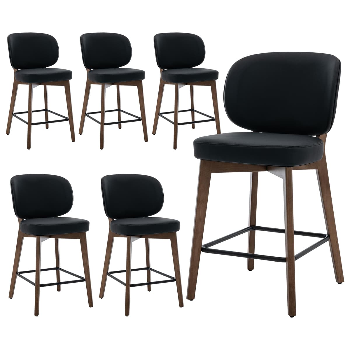YOUNIKE Taburetes de Barra Negros 26.8" Altura, Juego de 6, Estilo Mid Century Moderno, Taburete de Mesada, Patas de Madera Maciza, Asiento de Cuero PU para Isla de Cocina, Silla de Bar Tapizada 22" de Ancho con Respaldo Alto