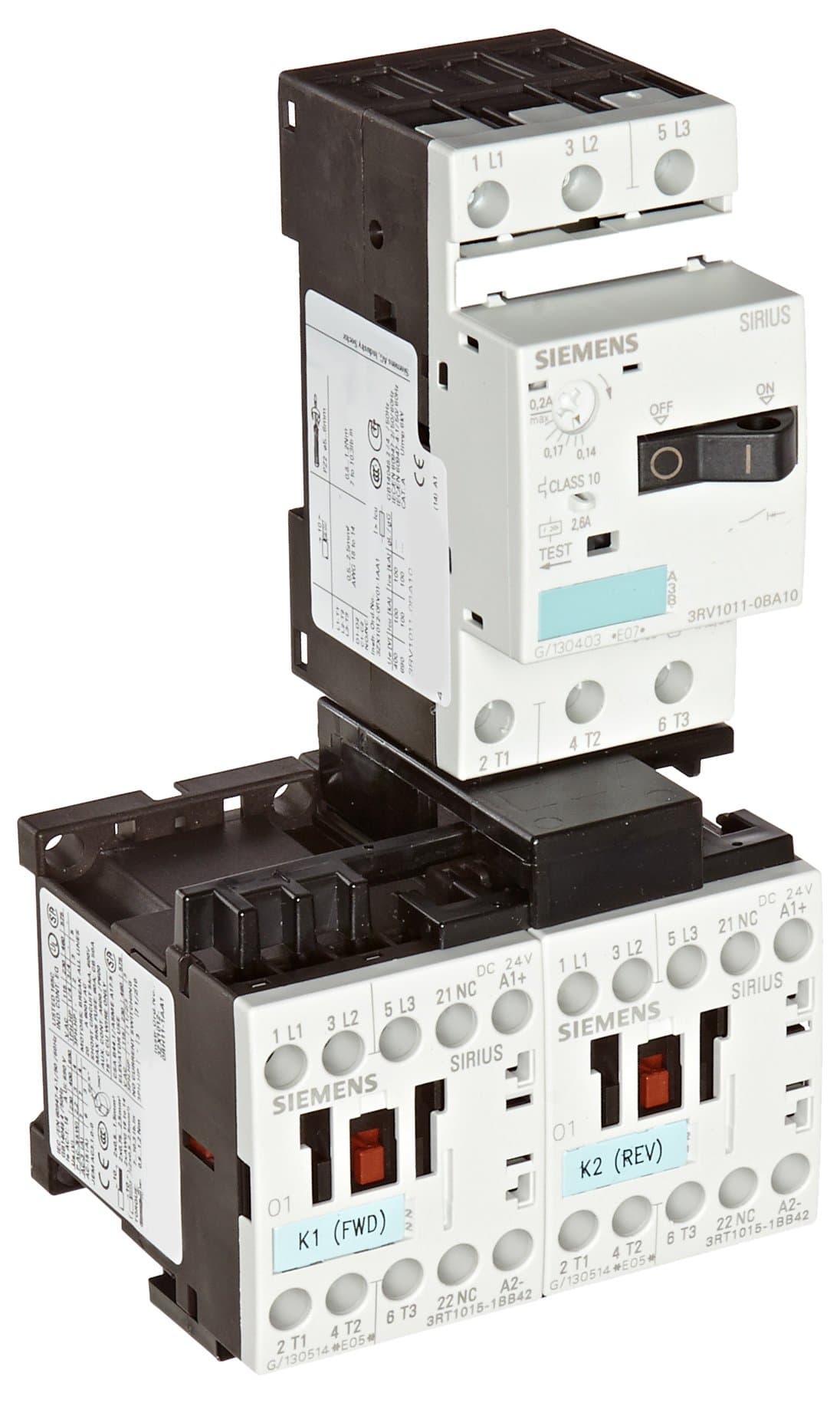 Siemens 3RA12 10-0BA15-0BB4 Combination Starter completo reversante, bobina DC, tamaño S00, rango 0.14-0.2 A
