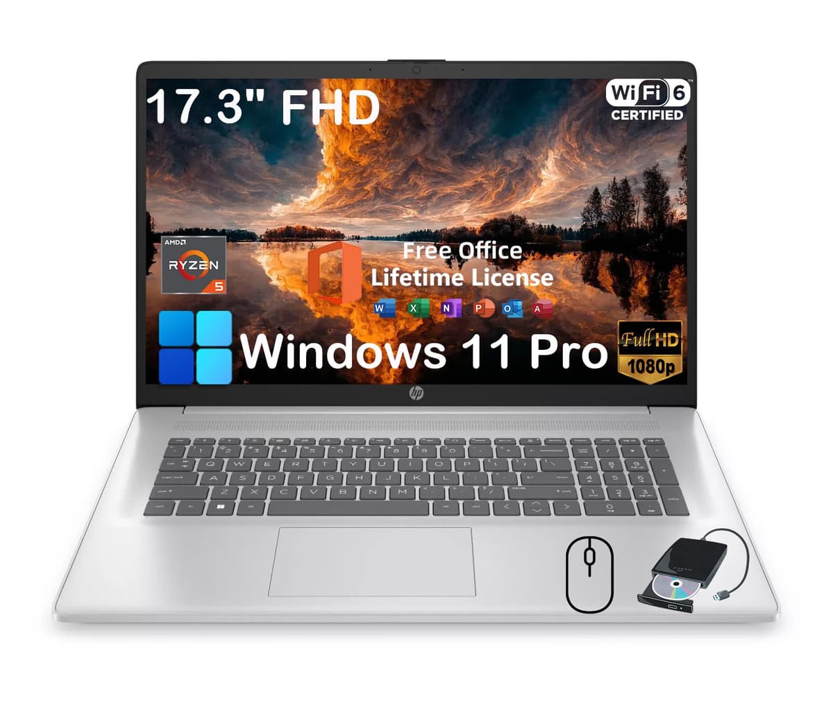 HP Notebook Empresarial de 17,3" - con Licencia Permanente de Office y Unidad Externa CD/DVD, Pantalla FHD de 17,3" 250 nits, Win 11 Pro, AMD Ryzen 5 7430U de 6 núcleos, Cámara web (64GB RAM | 1TB SSD) HP 17 inch Business Laptop