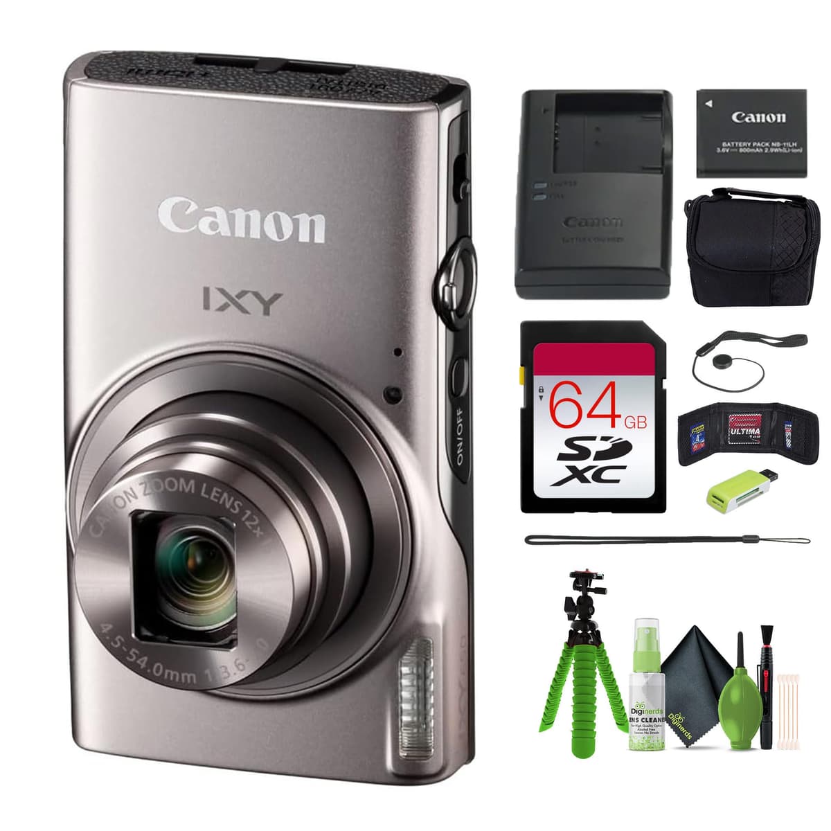 Canon PowerShot IXY 650 (ELPH 360) HS Cámara Digital Compacta Zoom Óptico 12x IXY650 (Plata) Paquete + Tarjeta de Memoria 64GB + Funda para Cámara + Lector de Tarjetas + Trípode para Vlogging + Kit de Limpieza y Más (Reacondicionado) MA55545-AG2-4
