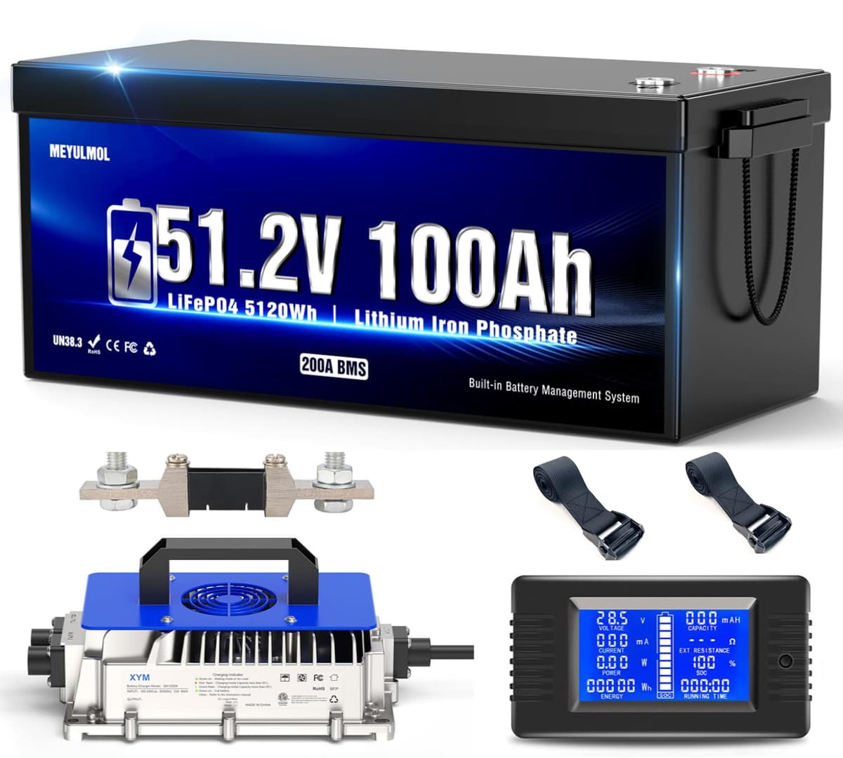 MEYULMOL Batería de litio 48V 100Ah para golf cart con cargador 18A, BMS 200A y monitor LCD - Kit completo
