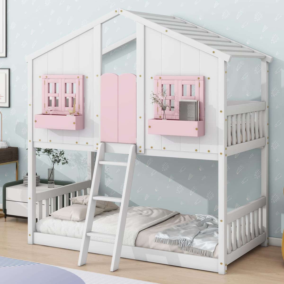 PVWIIK Cama Litera Casa Twin sobre Twin con Ventana, Puerta y Techo, Madera Maciza, Rosa/Blanco 1