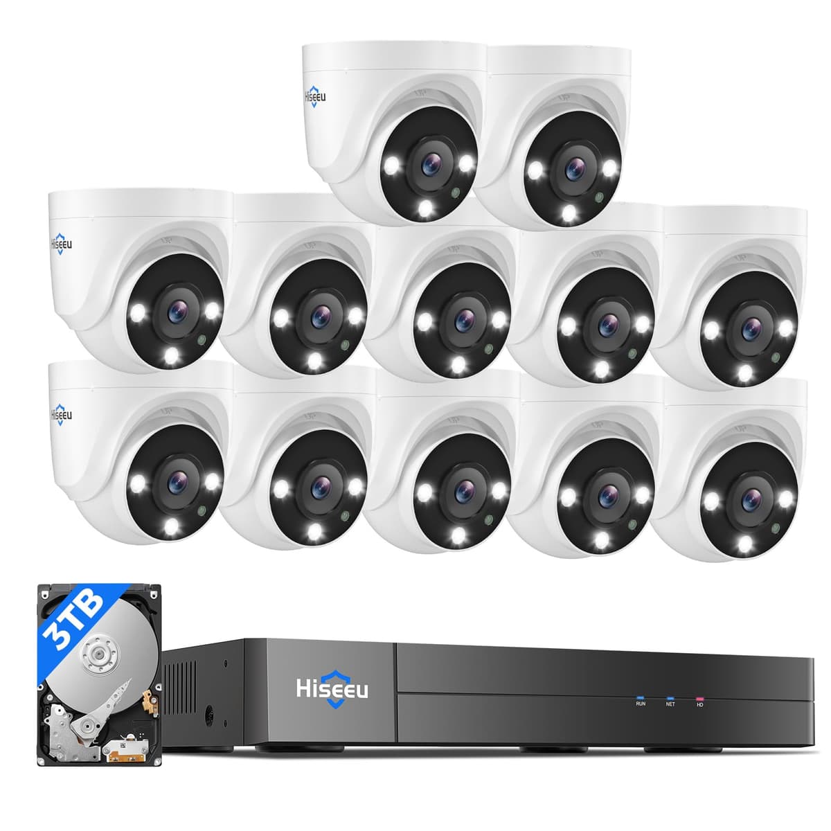 Sistema de cámaras de seguridad por cable Hiseeu de 16 canales 3K con luz dual inteligente, audio, detección de personas/vehículos, vista amplia de 121°, DVR 16CH 5MP, 12 cámaras exteriores 5MP IP67, HDD de 3TB para vigilancia 24/7 AK-12YAHC545-CT
