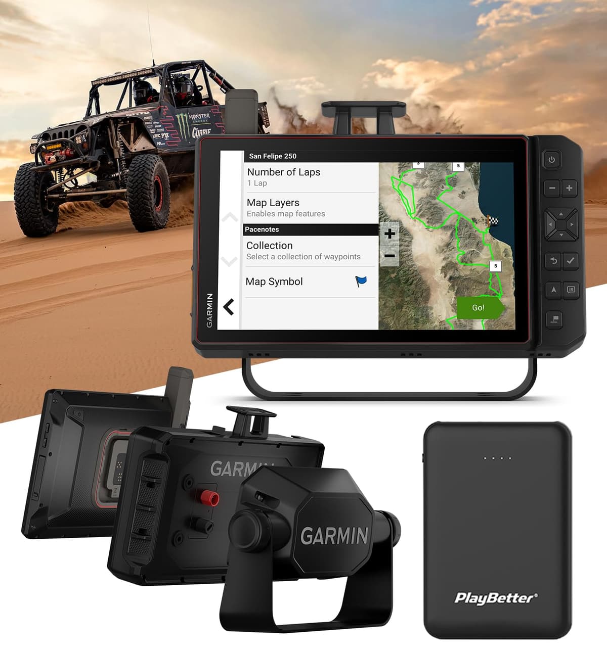 PlayBetter Garmin Tread XL Baja Race 10” Navigator Bundle con Powerbank 5000mAh 010-02510-00