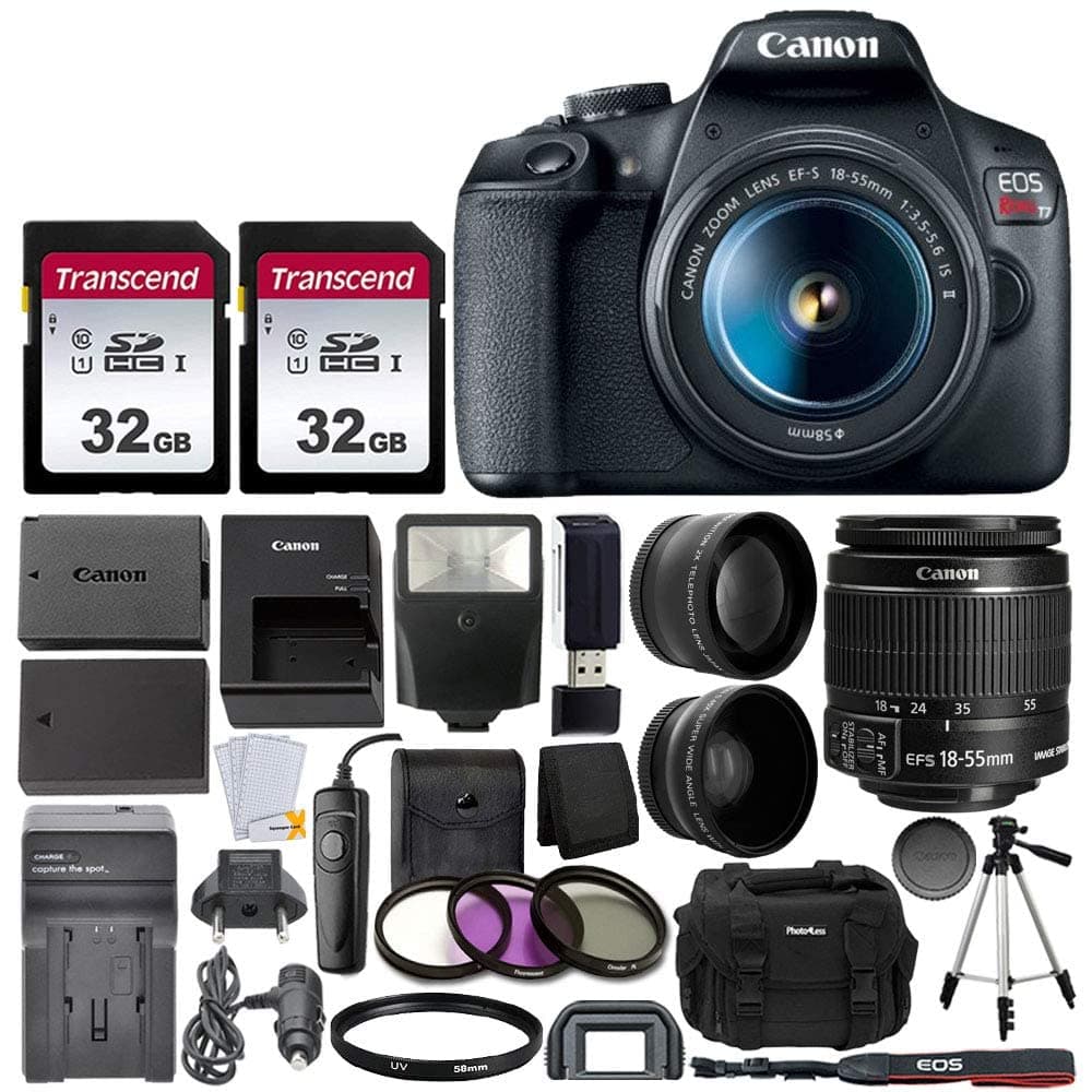 Cámara réflex digital Canon EOS Rebel T7 con lente EF-S 18-55 mm f/3.5-5.6 IS STM + tarjeta de memoria de 64 GB + lente gran angular y teleobjetivo + trípode + batería extra + control remoto + flash esclavo (Reacondicionado) 2727C002 K26-cr