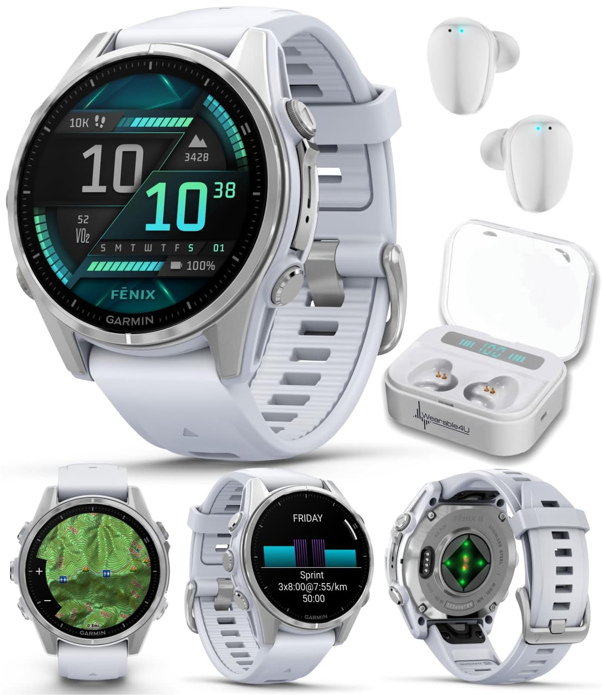 Wearable4U Garmin Fenix 8 43 mm AMOLED Multisport GPS Smartwatch Silver con correa Whitestone y auriculares TWS X7-1
