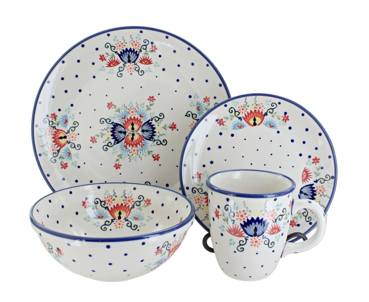 Blue Rose Cerámica de Boles Polacos - Flor Roja del Desierto Juego de Cena de 16 Piezas - 4 Puestos - Ideal para Comidas Diarias, Informales o como Vajilla Formal 1000-GP24-4