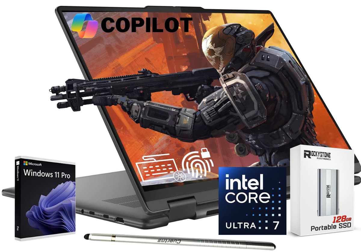 Lenovo Yoga 7i 2 en 1 AI 2024, 16" WUXGA táctil, Intel Ultra 7 155U de 12 núcleos (mejor que i7-1355U), 16GB LPDDR5X RAM, 1TB SSD, teclado retroiluminado, lector de huellas, cámara IR FHD, AI Copilot, Windows 11 Pro, con SSD portátil y lápiz óptico