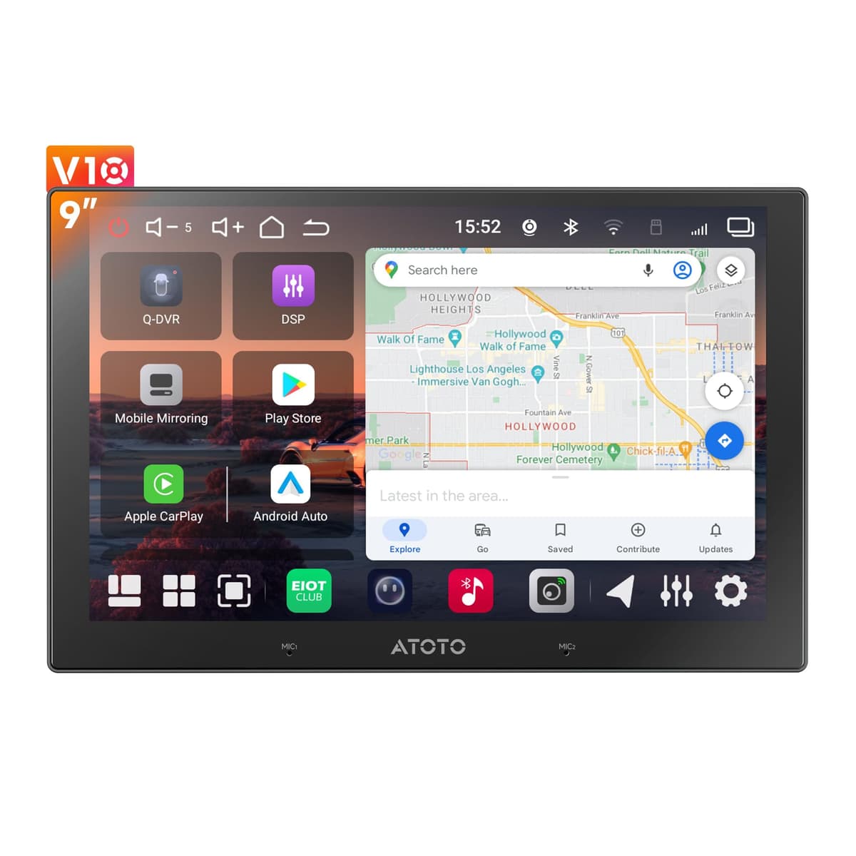 ATOTOMOVE V10 Ultra 8 núcleos 9" Double DIN Android 14 Estéreo para Auto, 6+128 GB Pantalla táctil QLED CarPlay inalámbrico Android Auto Radio con DriveKaraoke, ChatGPT integrado, 4G LTE, Wi-Fi, BT, HDMI Out 3 V10G209OC