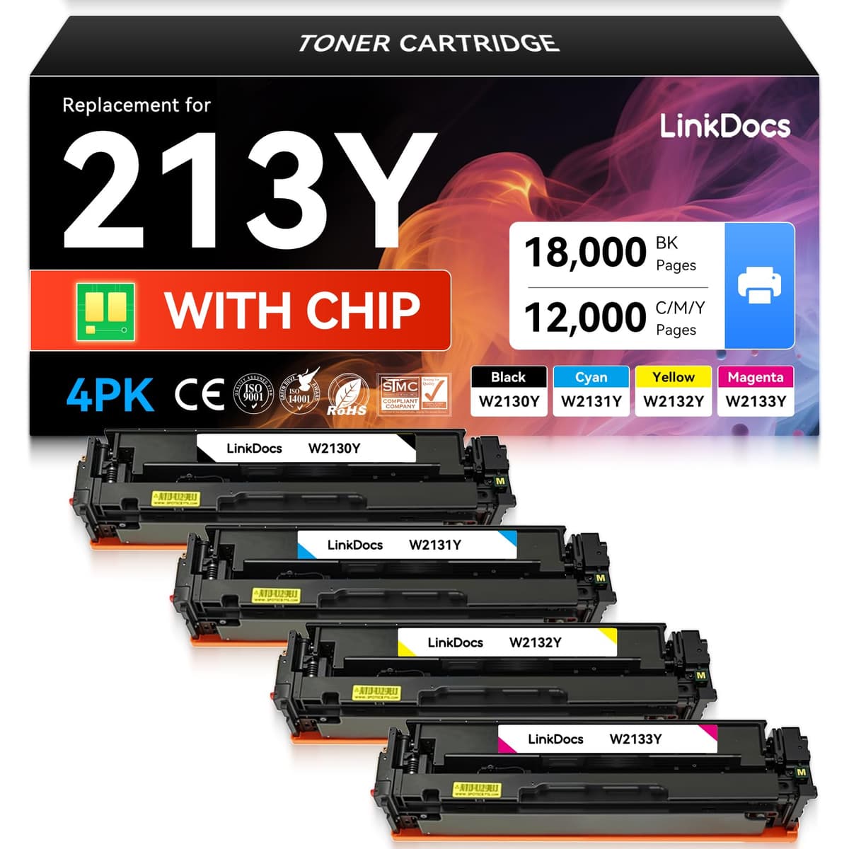 LinkDocs Pack 4 tóners alto rendimiento W2130Y-W2133Y compatibles con HP Enterprise 5700/6700/6800 LHW2130Y-4PK