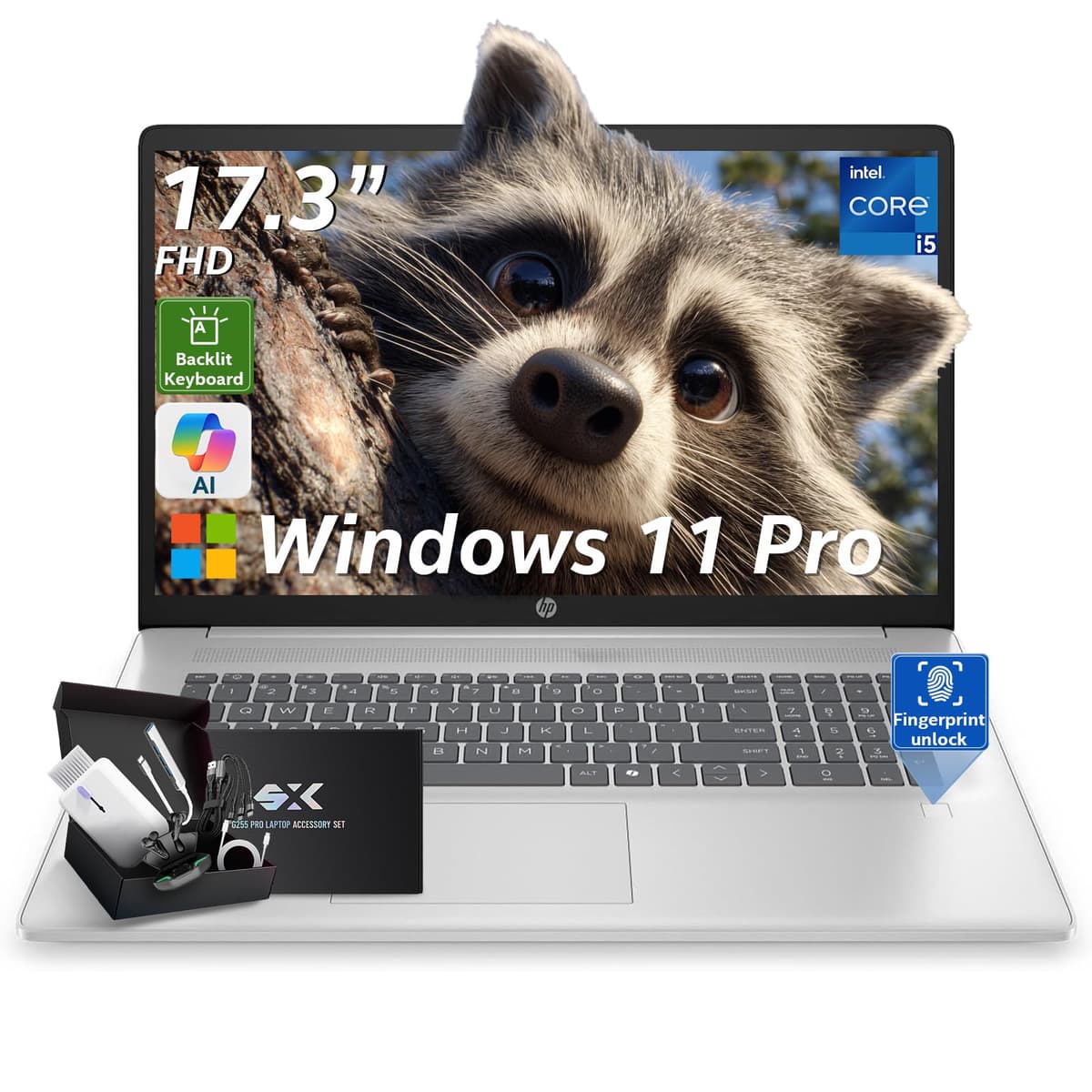 HP Laptop de 17" para Negocios y Estudiantes, Intel i5 1334U de 10 núcleos (hasta 4.6 GHz), 17.3" FHD 250 nits, Teclado Retroiluminado, Lector de Huellas, Windows 11 Pro con Accesorio (16GB RAM | 512GB SSD) HP 17t-cn300