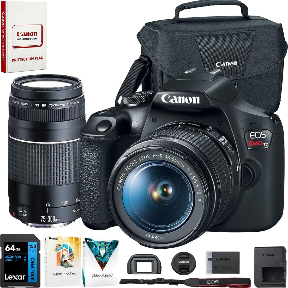 Canon EOS Rebel T7 DSLR Camera con EF 18-55mm + EF 75-300mm Doble Kit y accesorios E8CNEOSRT7LENX2
