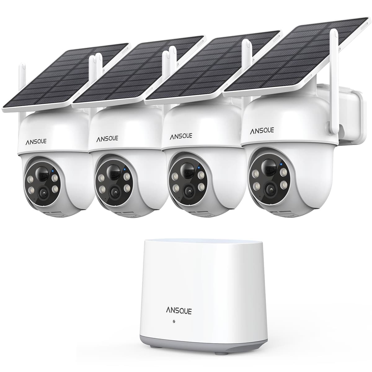 Sistema de Cámaras de Seguridad Inalámbricas ANSQUE para Exterior, Kit de 4 Cámaras, Sin Suscripción, Alimentación Solar, Almacenamiento Local, Batería de 365 Días, Vigilancia PTZ 360°, Rastreo Automático, Visión Nocturna a Color 2K GU01