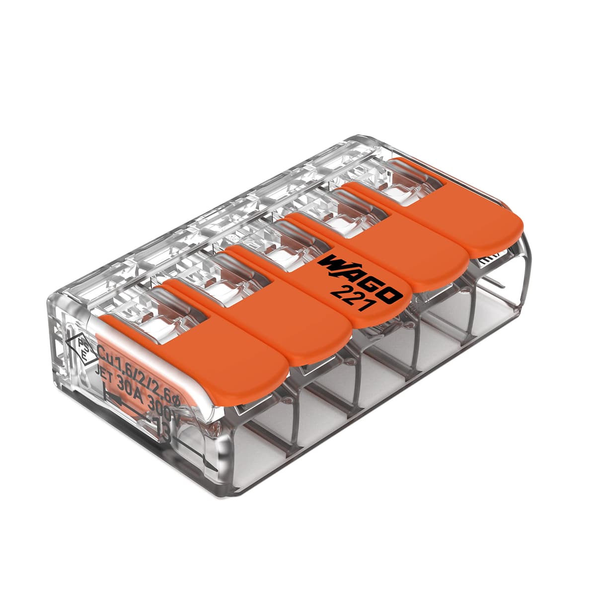 WAGO 221-615 Conector WAGO Lever-Nuts 5 conductores, 20-10 AWG, transparente (Bolsa x500)