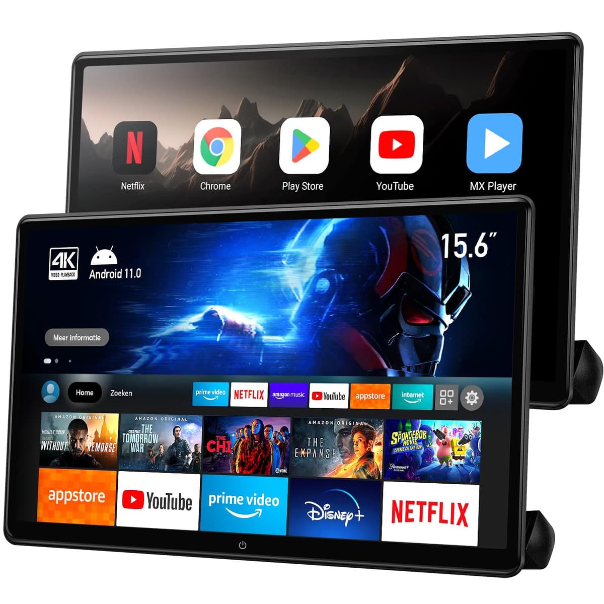 Seventour Monitor de reposacabezas para auto de 15.6 pulgadas 4K con Android para asiento trasero, sistema de entretenimiento trasero, compatible con enlace inalámbrico de teléfono, pantalla táctil, con WiFi/Bluetooth/HDMI/USB/reproductor de video 4G+64G (2 unidades) TZ156