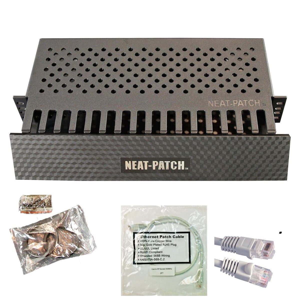 Kit de Gestión de Cables Neat Patch 2U - Paquete de 5 con 240 Cables de Parcheo CAT6 (60 cm Gris) NP2-5PK-240CAT6-GY