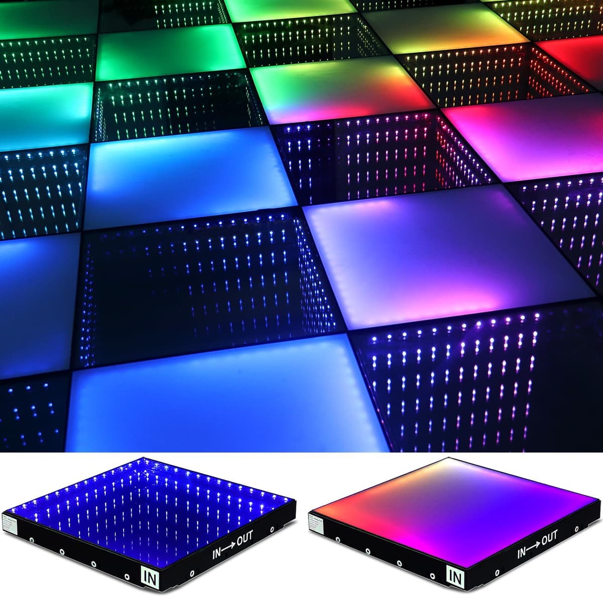 MKORMK Pista de baile LED Infinity 3D 16.4 x 16.4 ft con vidrio templado y flight case, cambio de color RGB PW-SYDZ-CXK-02