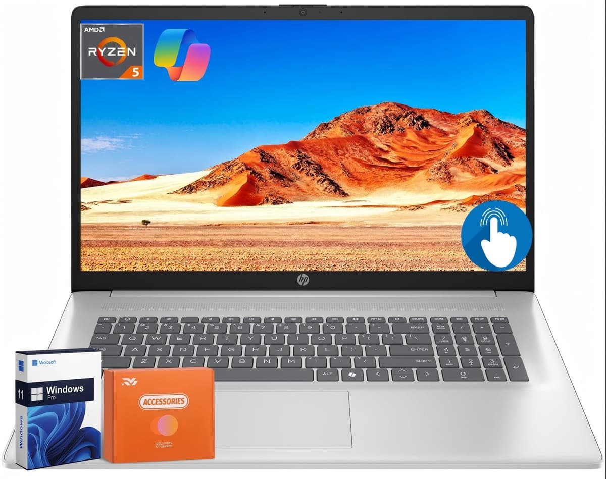 HP Notebook Empresarial 17.3" 2025, Pantalla Táctil HD+, AMD Ryzen 5 7430U (rinde como i7-1165G7), 64 GB RAM, 1 TB SSD, Gráficos Radeon, Wi-Fi 6, Bluetooth 5.4, Tecla Copilot AI, Windows 11 Pro, con Accesorios HP Laptop
