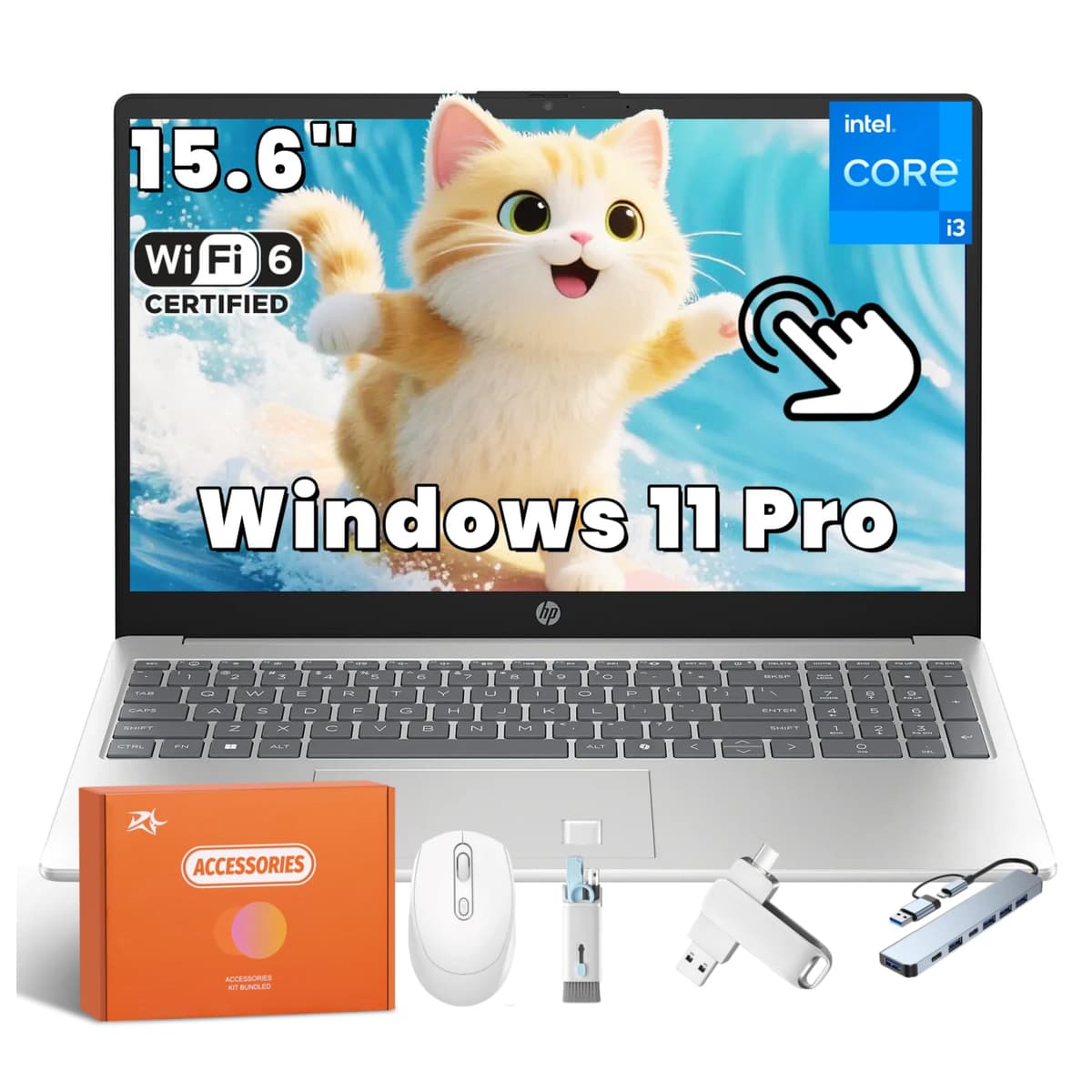HP Laptop empresarial táctil de 15.6 pulgadas, Intel 13ª gen i3-1315U (hasta 4.5 GHz), 16 GB RAM, 1 TB SSD, 8 h de batería, carga rápida, Wi-Fi 6, Bluetooth 5.3, cámara HD, Windows 11 Pro, accesorios