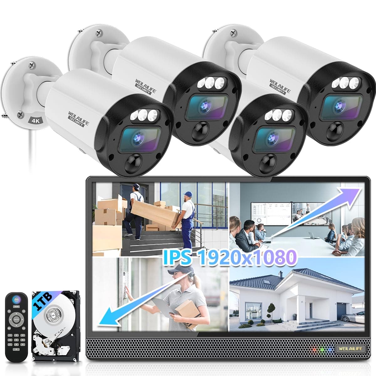 WEILAILIFE 【Sistema de Seguridad Todo en Uno】 Sistema de Cámaras de Seguridad Cableadas 4K 2160P para Exteriores, Videovigilancia y Sistemas de Cámaras para el Hogar WEILAI-NPOE15.6-4001T