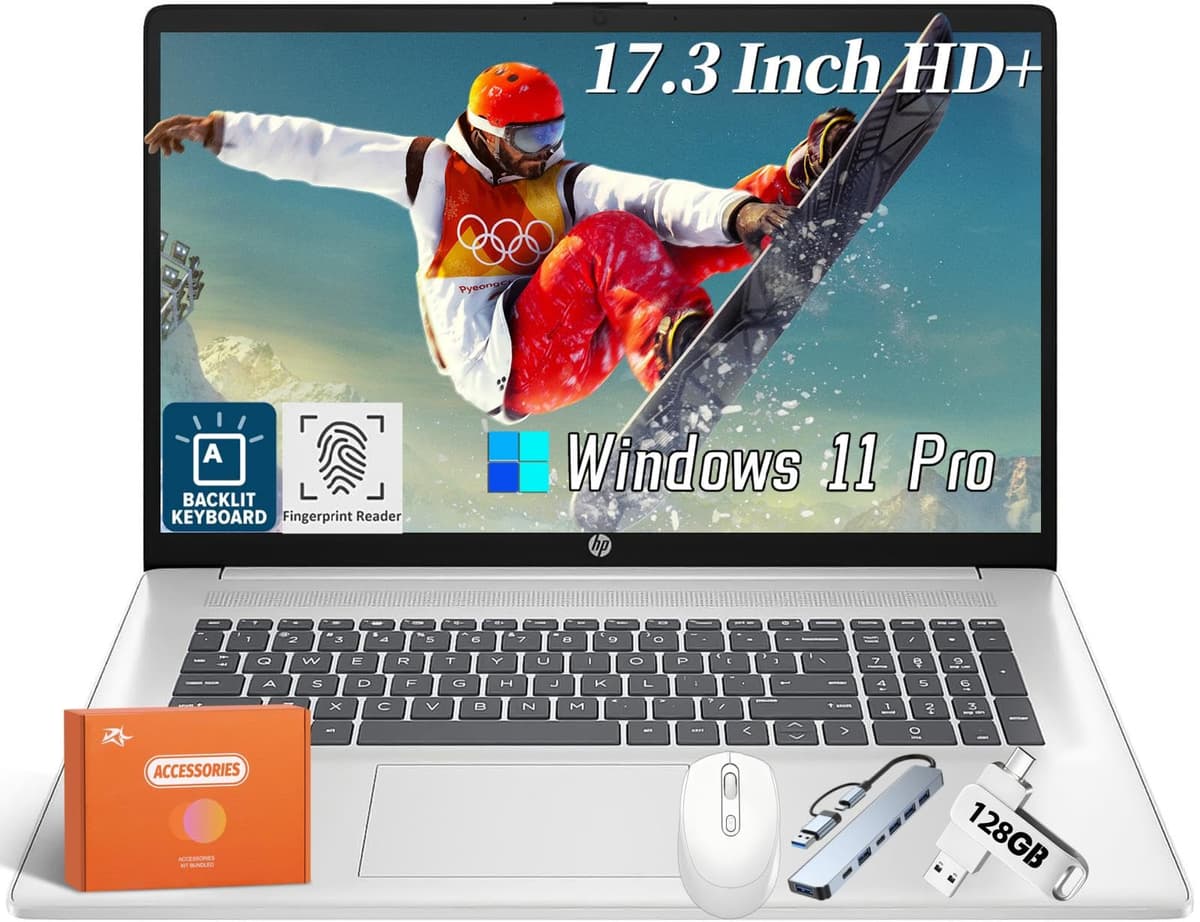 HP 17 Computadora Portátil para Negocios y Estudiantes, Intel i5-1334U de 10 Núcleos, Pantalla BrightView HD+ de 17.3", 64 GB RAM, SSD de 1 TB, Lector de Huellas, Teclado Retroiluminado, Windows 11 Pro, con Accesorios HP Laptop 17 inch+