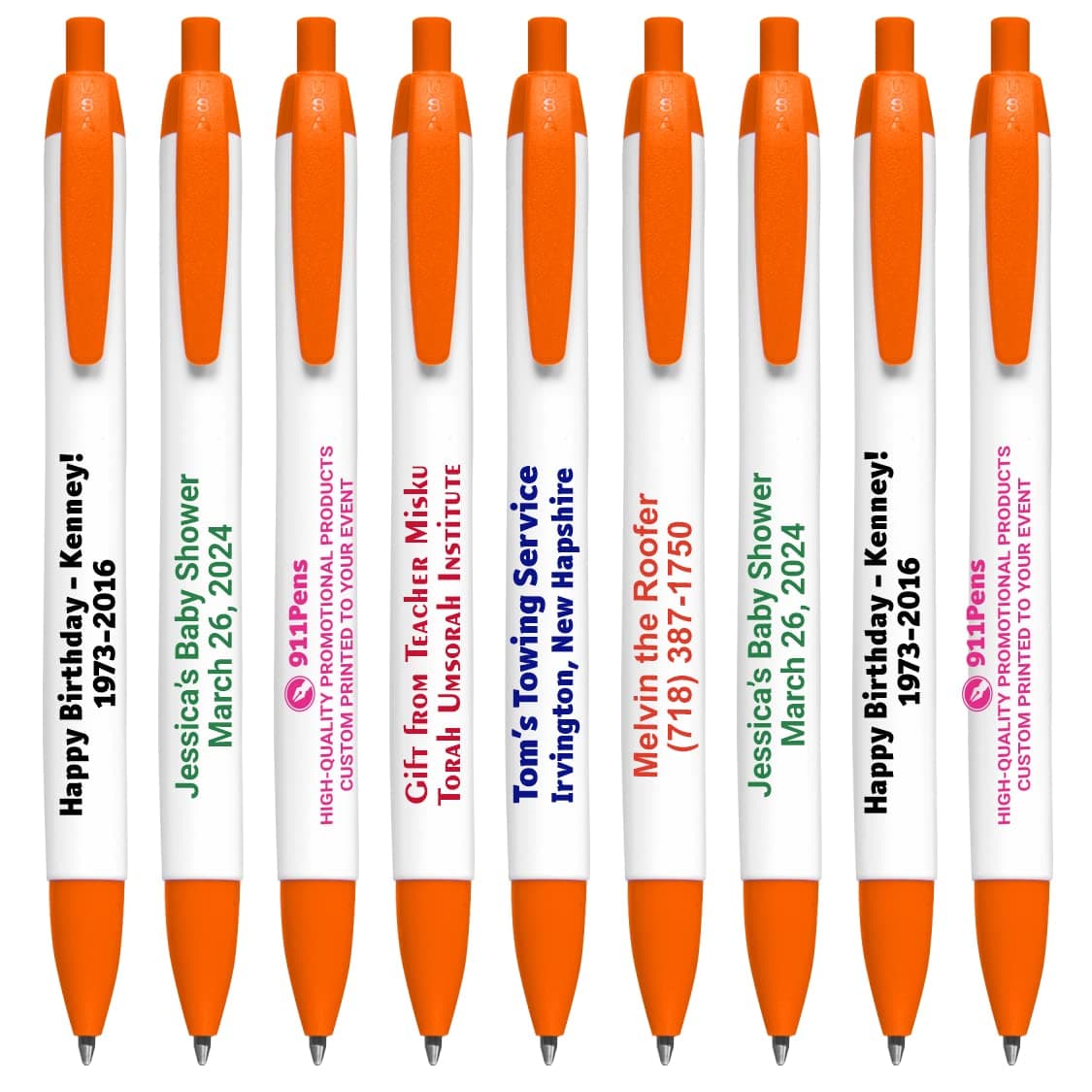 911 Pens 400 Pack Bolígrafos personalizables blancos con recorte naranja - USA Made 125W-0400-Orange