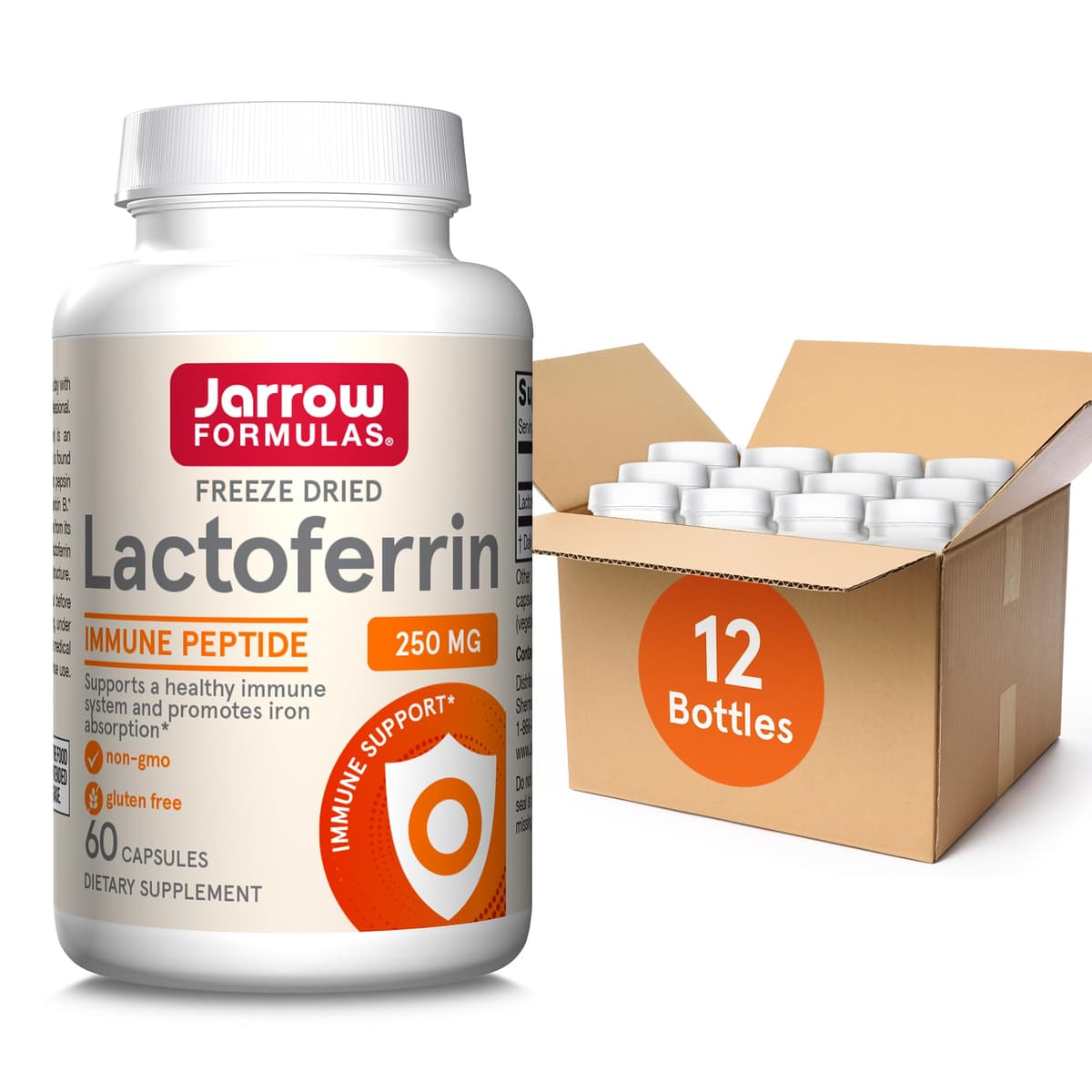 Jarrow Formulas Lactoferrin 250 mg - Freeze Dried, 60 Capsules (Pack of 12)