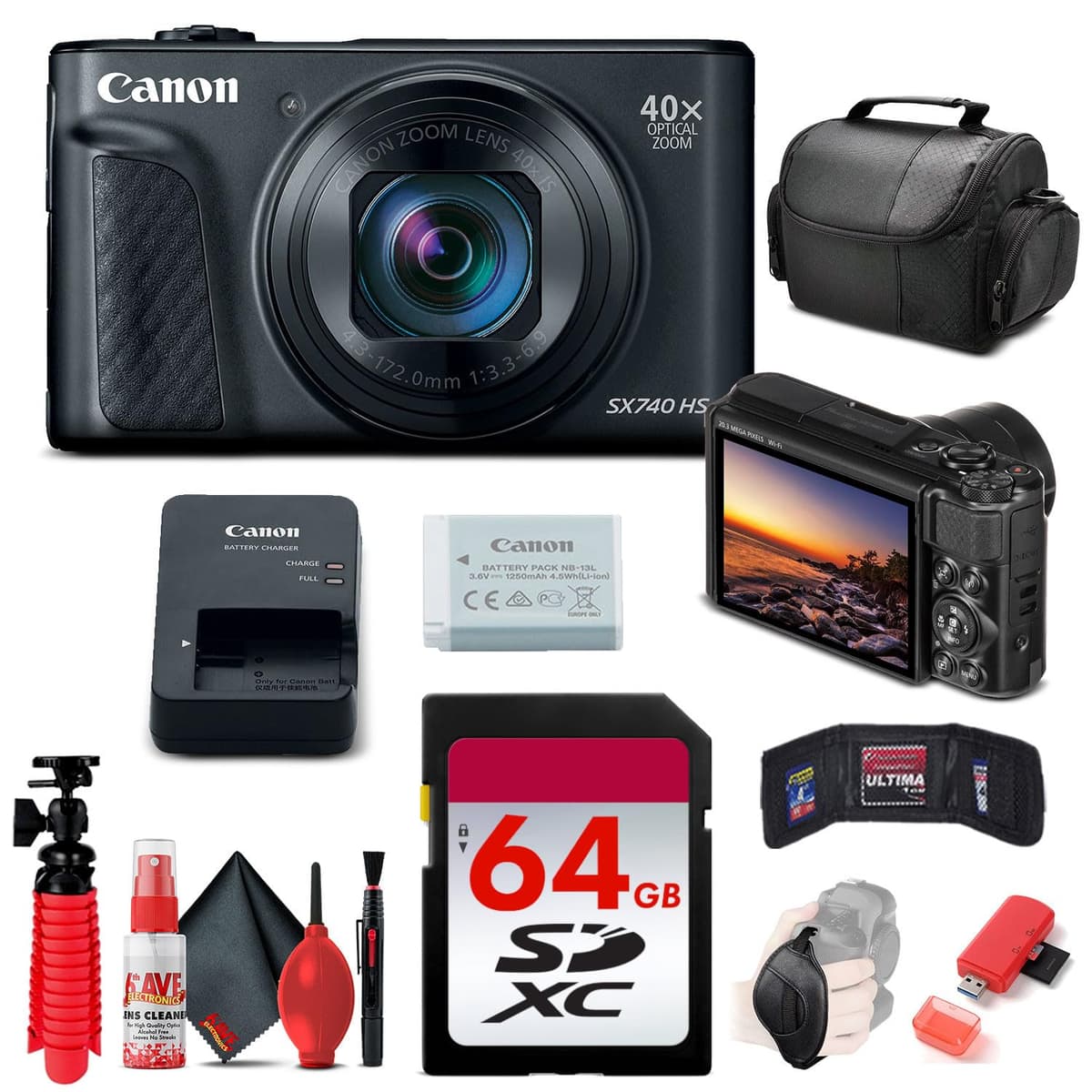 Cámara digital Canon PowerShot SX740 HS (negra) (2955C001) + tarjeta de memoria de 64 GB + lector de tarjetas + bolsa blanda de lujo + trípode flexible + correa de mano + funda para tarjetas + kit de limpieza (renovada) 2955C001_EDIV_1-RE