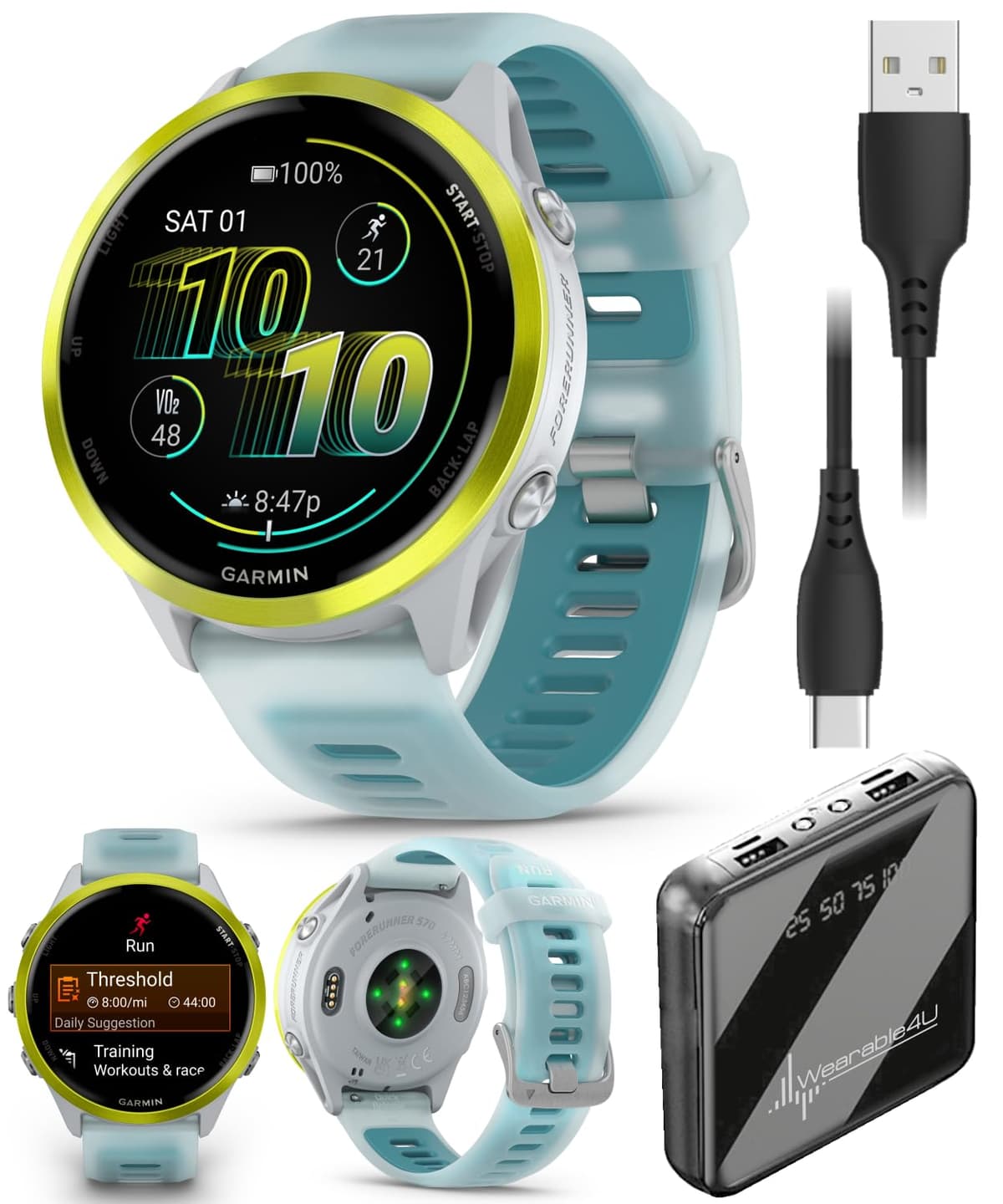 Garmin Forerunner 570 47 mm Reloj Inteligente Avanzado para Correr y Triatlón con GPS, Pantalla AMOLED, Entrenamiento y Recuperación, Aluminio Amarillo Amp con Correa Translúcida Whitestone/Turquesa con Paquete Wearable4U PowerBank