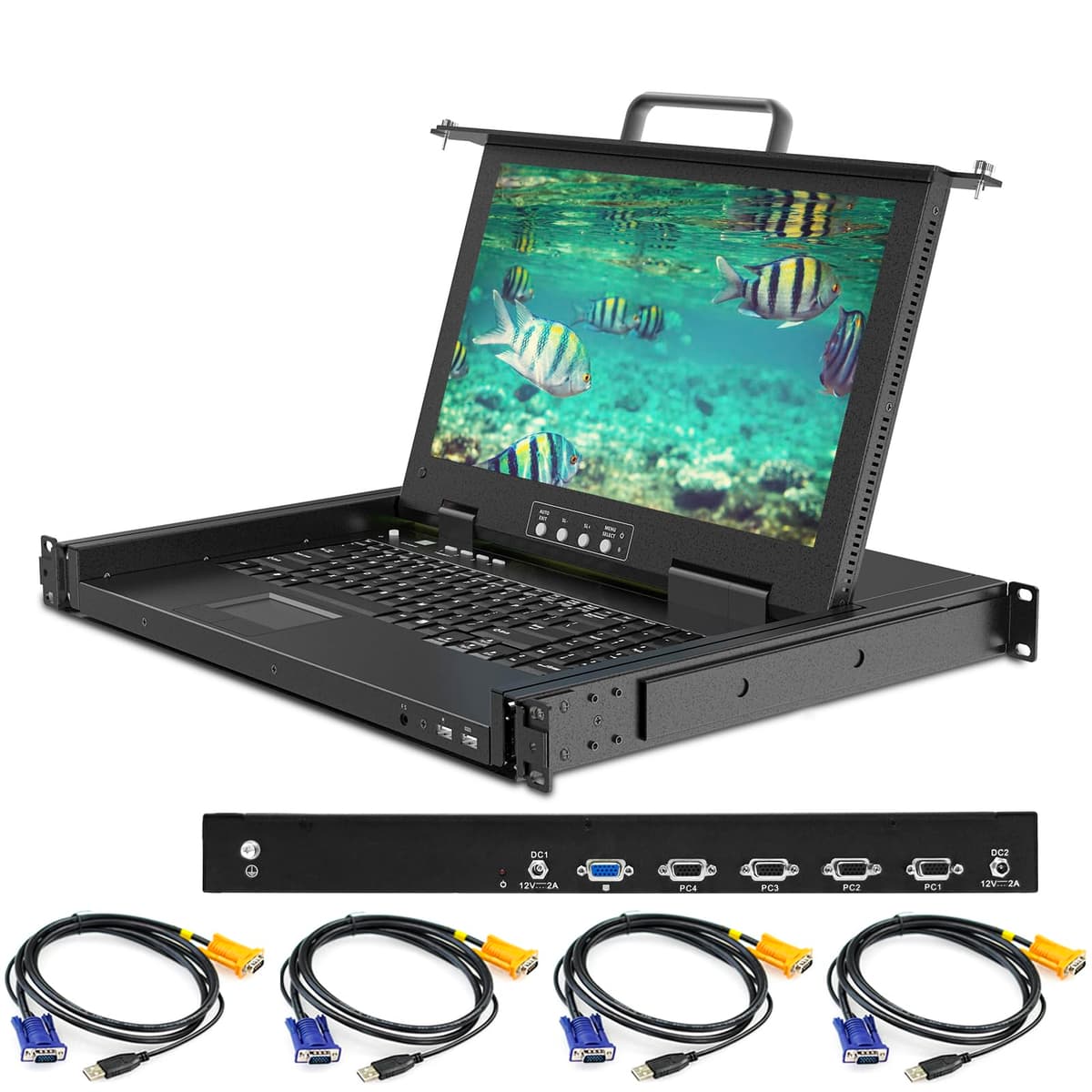 Kinan 4 Port Rack Mount KVM Console con Monitor 15.6'' FHD, 1U VGA KVM Switch Drawer Kinan-XW1604