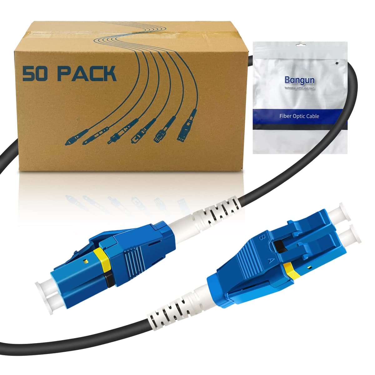 Bangun Paquete de 50 - Cable Patch de Fibra Óptica Blindado Uniboot LC a LC de 5m, Monomodo 9/125um, Jumper de Cable Óptico Patch, Dúplex, (Compatible con OS1/OS2), LSZH Negro Ban-LC-5mb-50