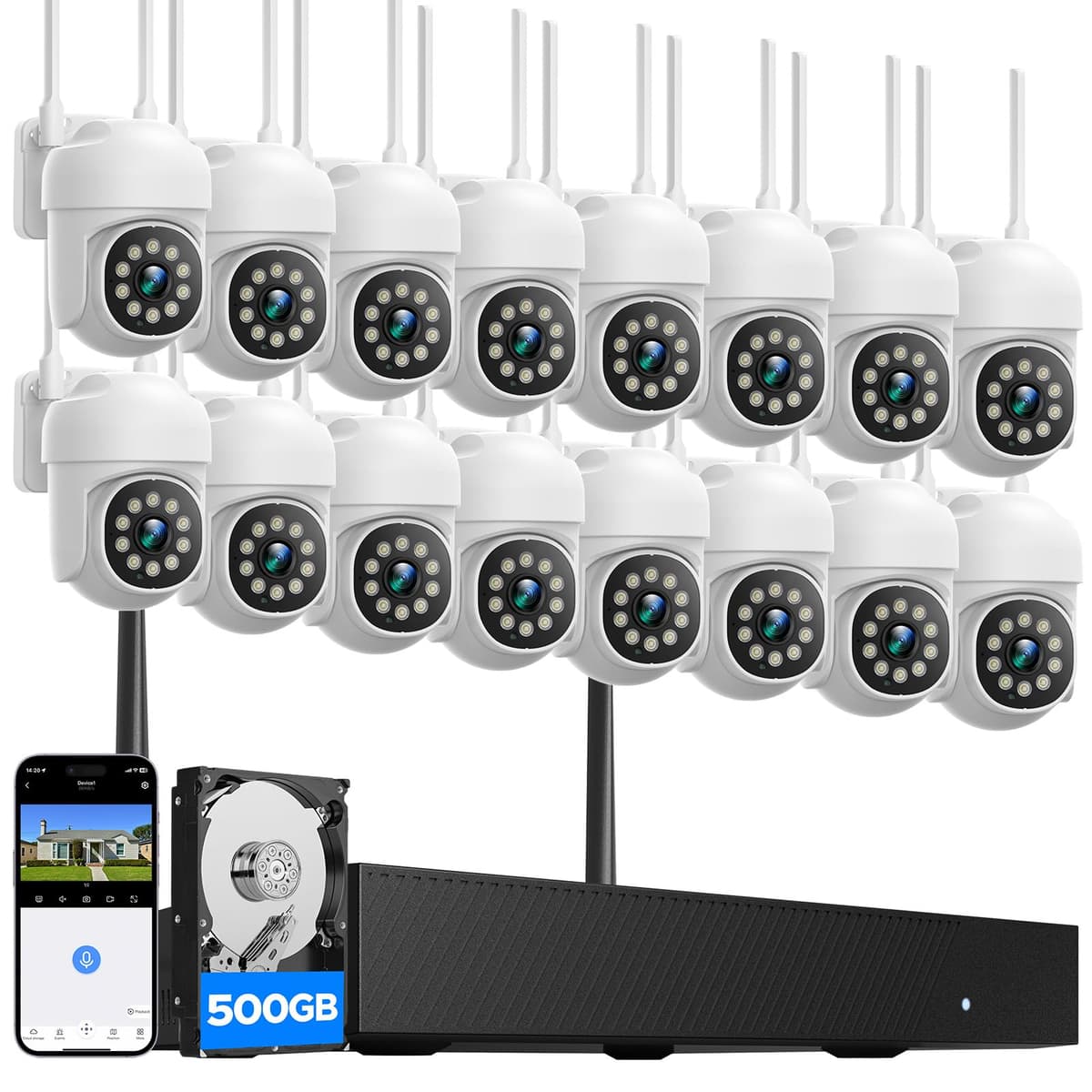 Sistema de cámaras de seguridad CAMCAMP de 16 canales, cámaras inalámbricas para seguridad del hogar, paneo e inclinación con vista 360°, seguimiento automático de personas, NVR 4K con 500 GB, audio bidireccional, 3 visiones nocturnas, kit de vigilancia CCTV (16, CAM) SC53XC