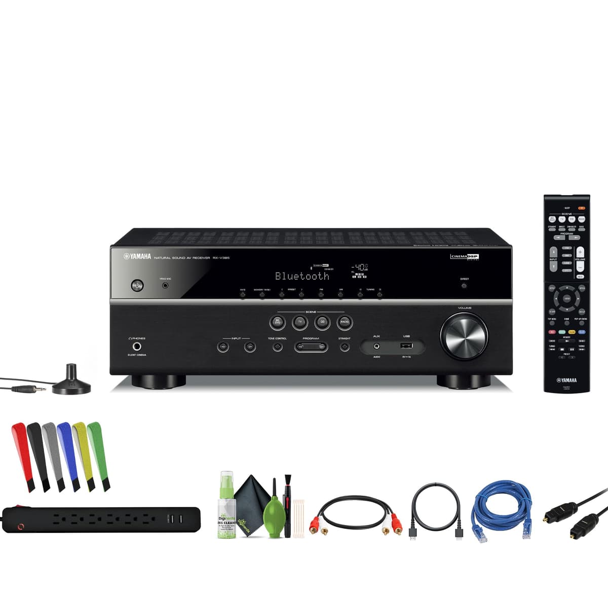 Yamaha RX-V385 Receptor AV 5.1 Canales 4K Ultra HD con Bluetooth Paquete de Sistema de Home Theater con Accesorios RX-V385BL_AG2-1